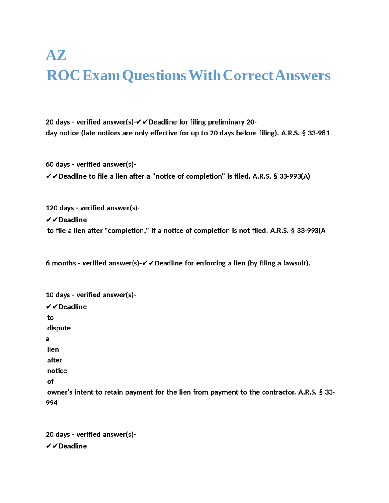AZ ROC Exam Questions With Correct Answers | Exams Contract Law | Docsity