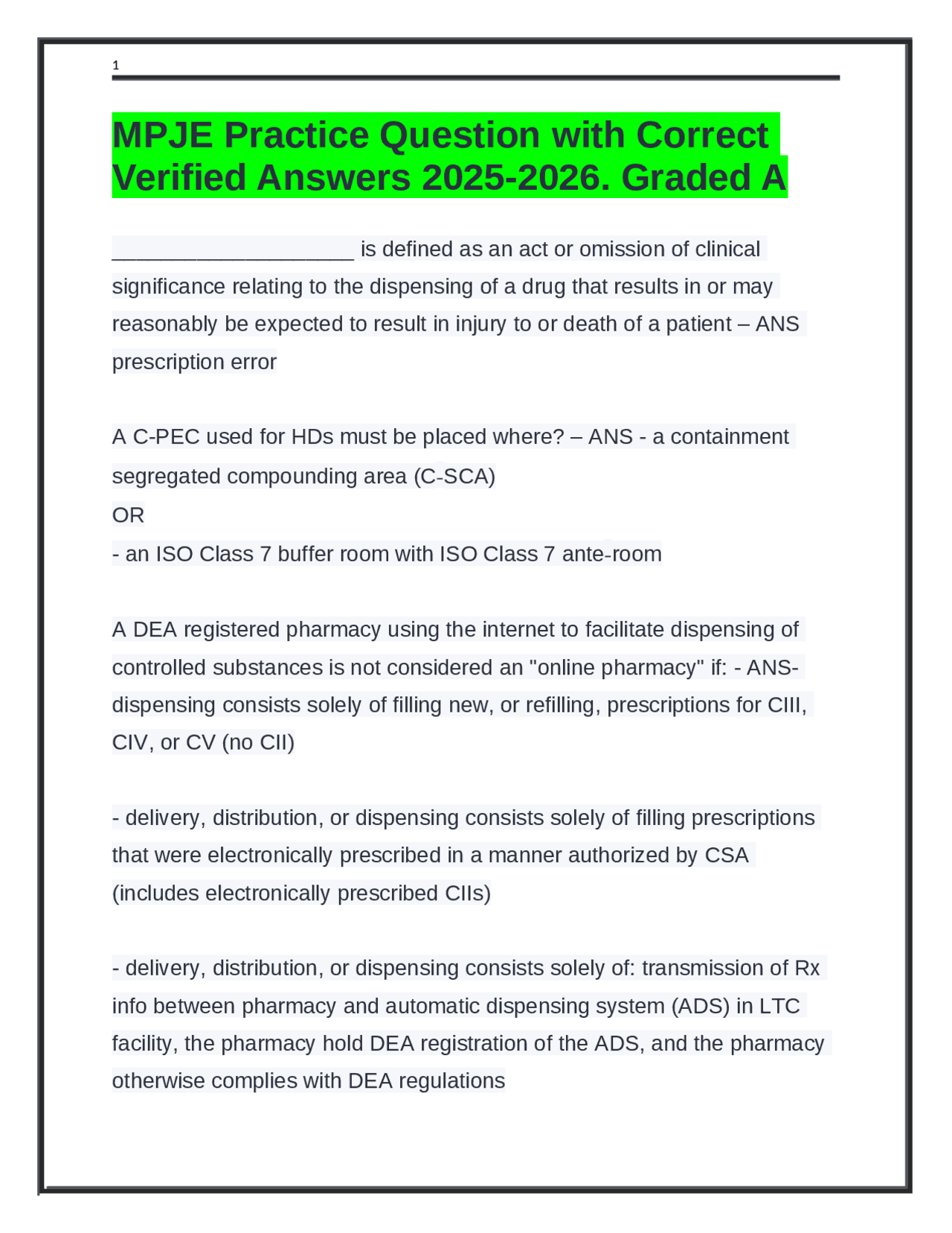 MPJE Practice Question with Correct Verified Answers 2025-2026. Graded