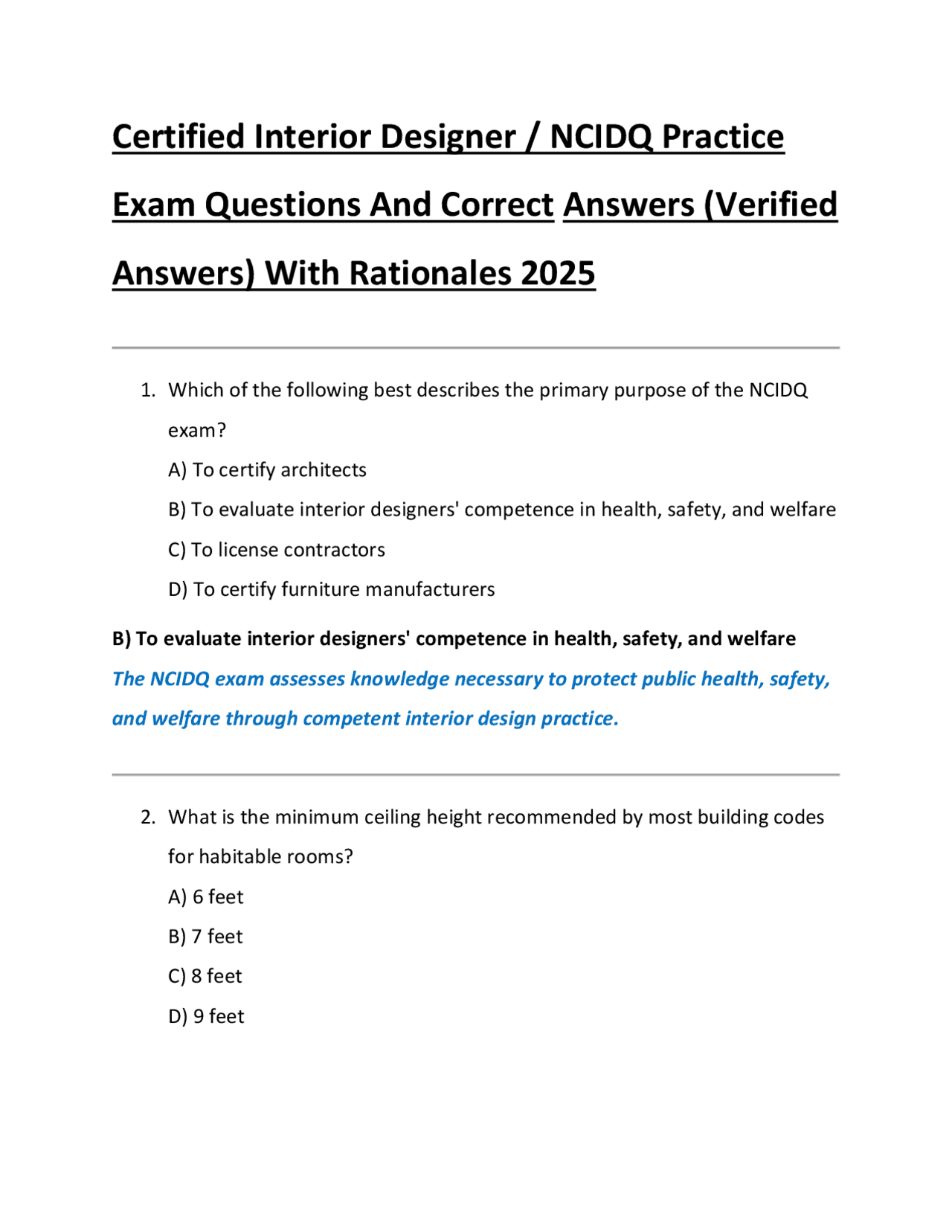 Certified Interior Designer / NCIDQ Practice Exam Questions And Correct ...