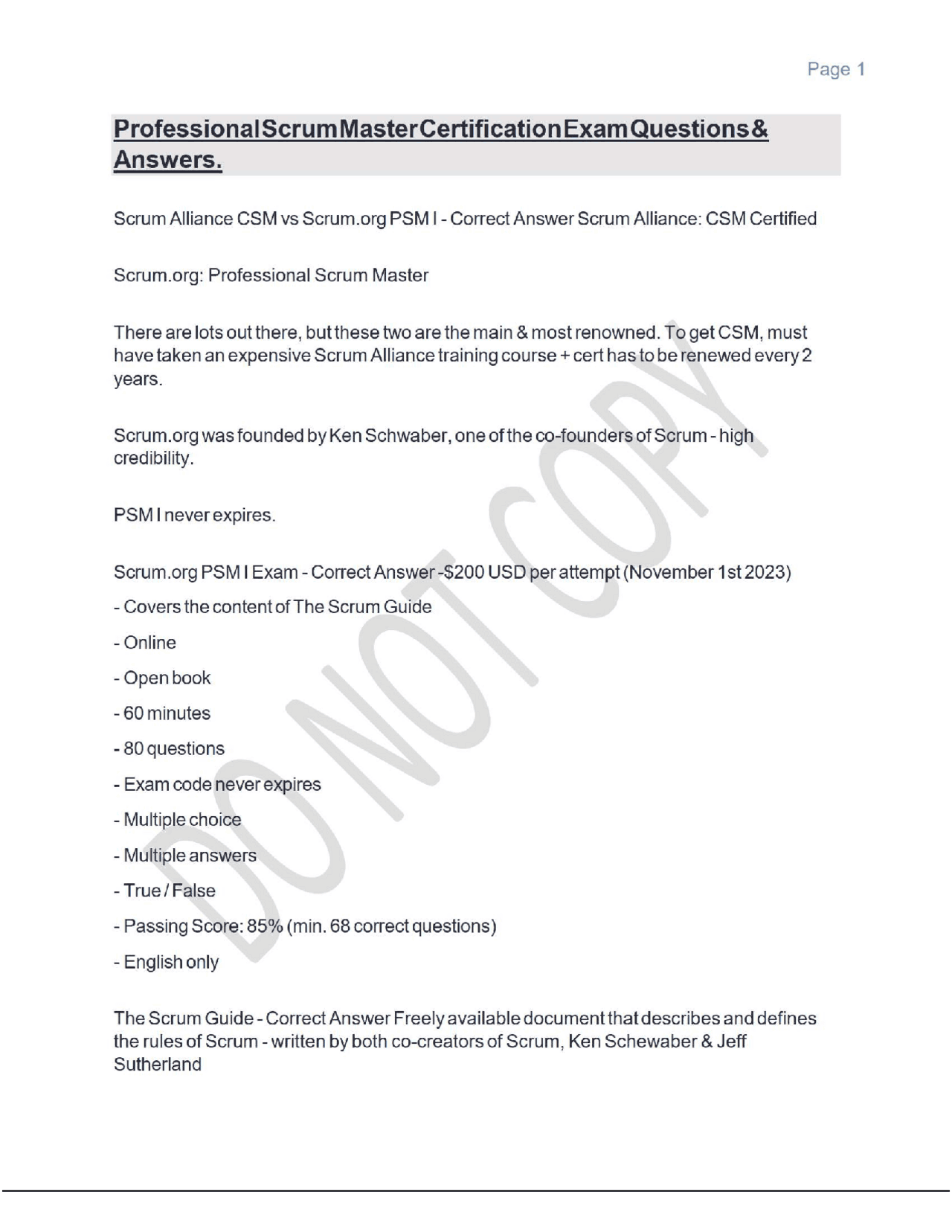 Professional Scrum Master Certification Exam Questions & Answers ...