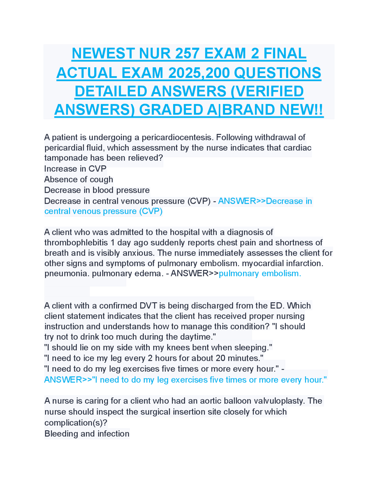 NEWEST NUR 257 EXAM 2 FINAL ACTUAL EXAM 2025,200 QUESTIONS DETAILED ...