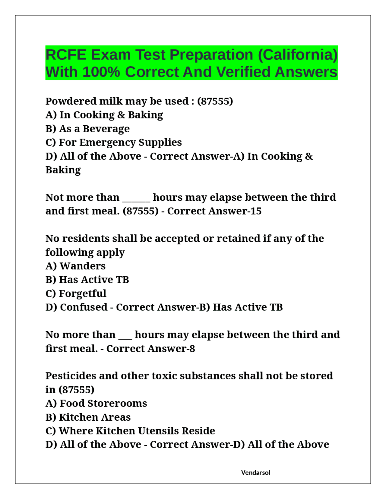 RCFE Exam Test Preparation (California) With 100% Correct And Verified ...