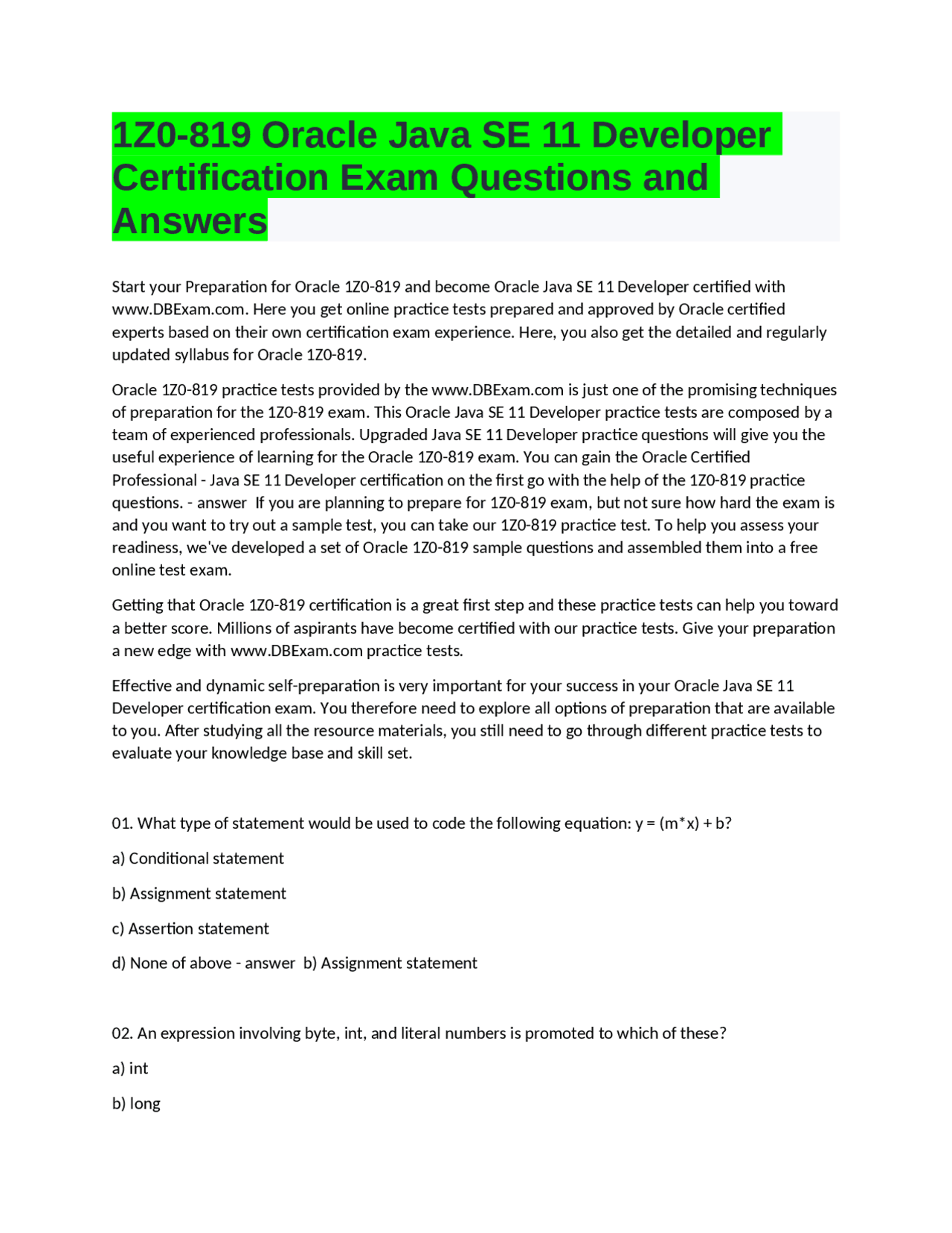 1Z0-819 Oracle Java SE 11 Developer Certification Exam Questions and ...