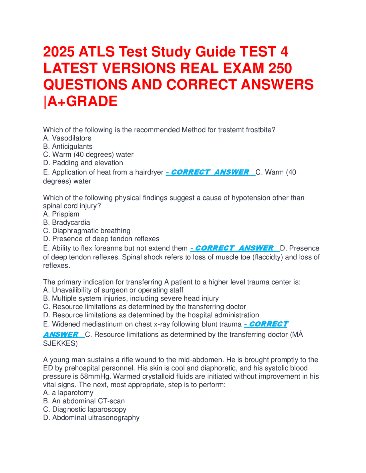 2025 ATLS Test Study Guide TEST 4 LATEST VERSIONS REAL EXAM 250 ...