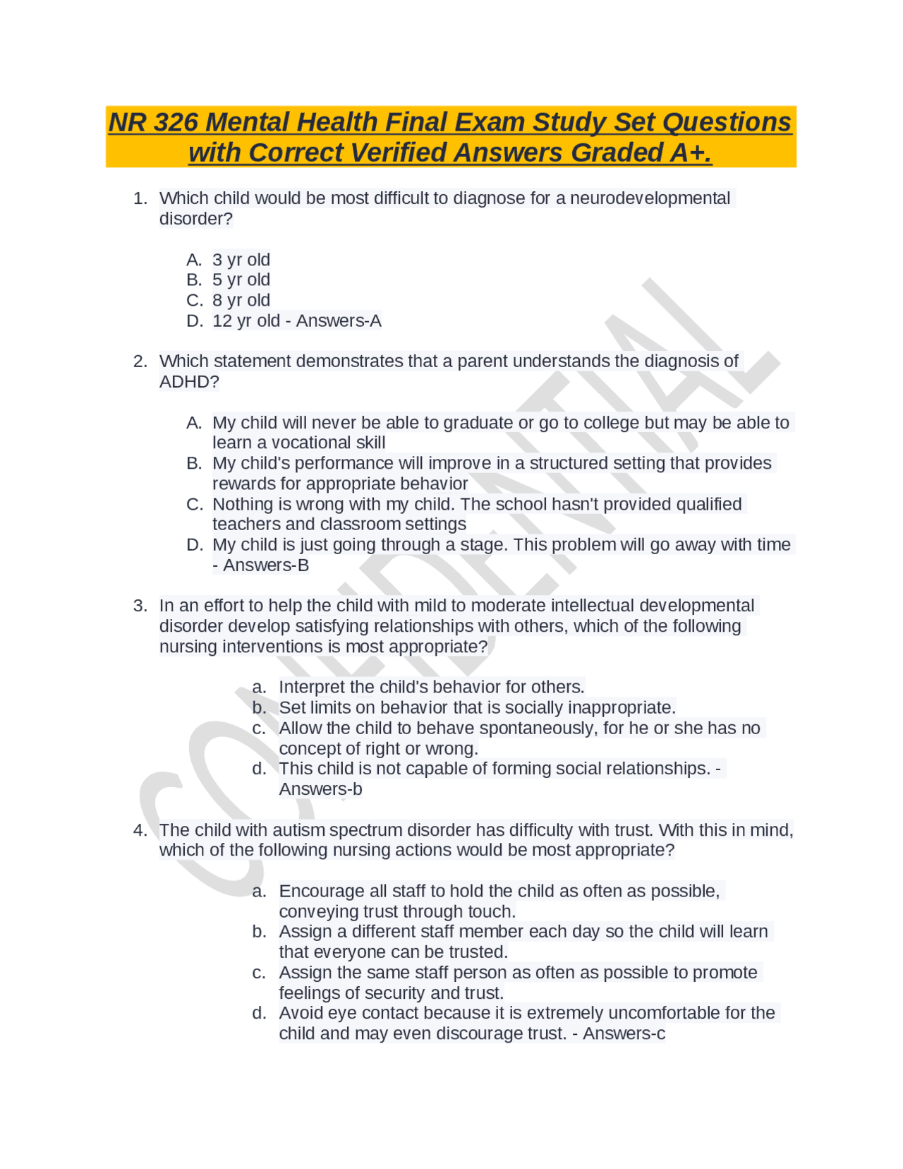 NR 326 Mental Health Final Exam Study Set Questions with Correct ...