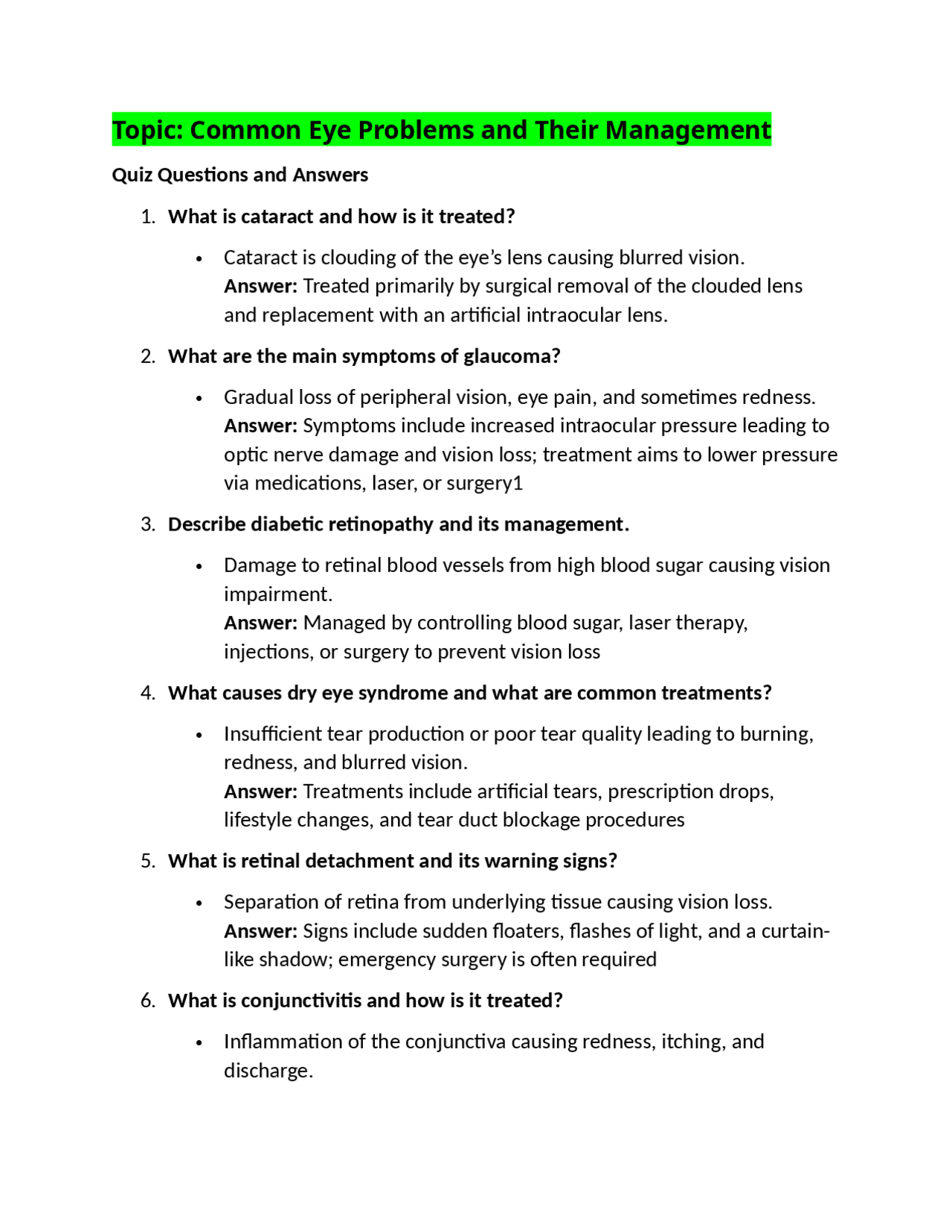 Eye Problems and Management: A Comprehensive Quiz | Exams Health ...