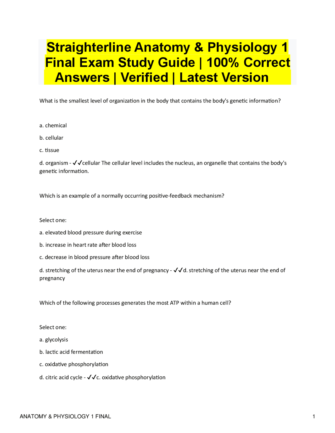 Anatomy & Physiology 1 Final Exam Study Guide | Exams Anatomy | Docsity