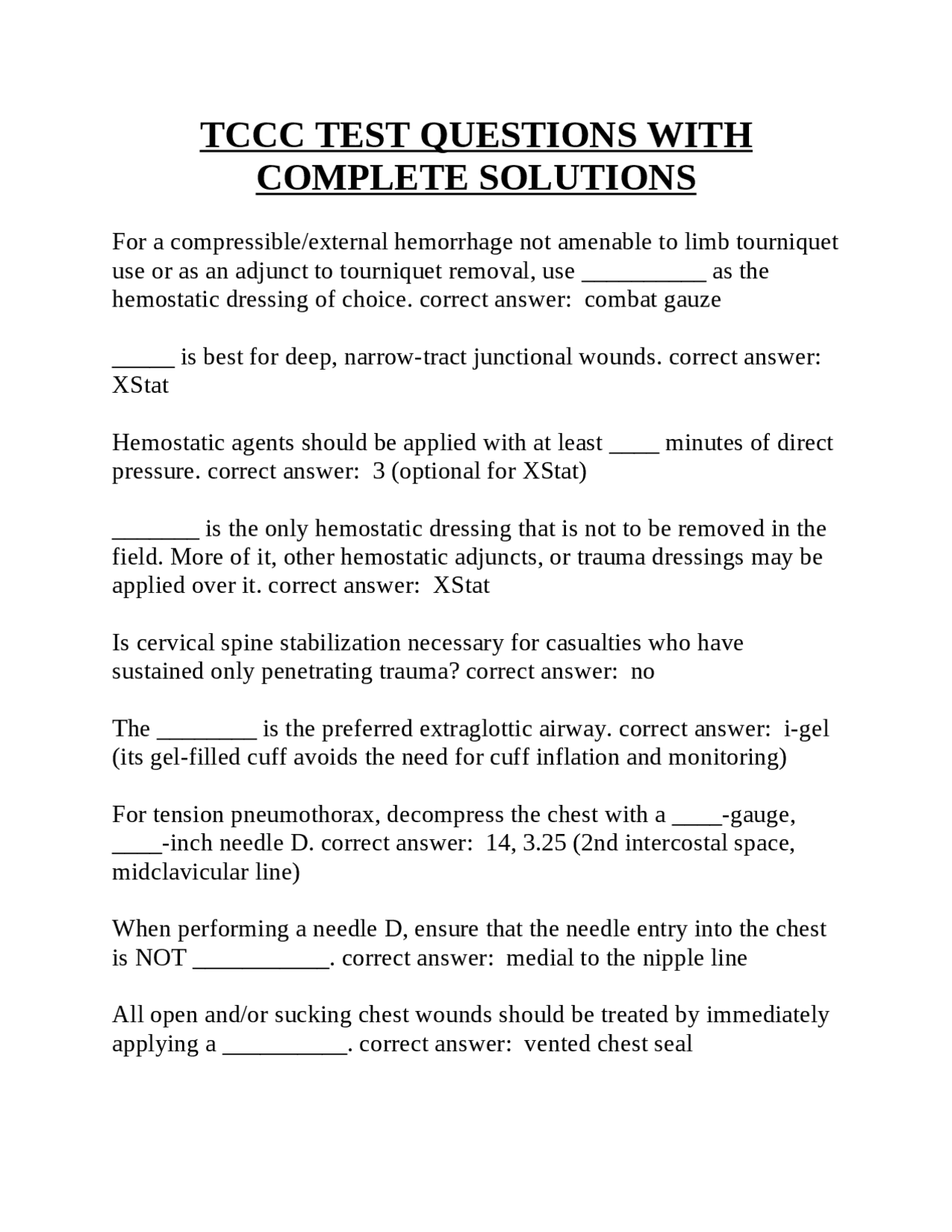 Test Tcc TCCC TEST QUESTIONS WITH COMPLETE SOLUTIONS. | Exams Nursing | Docsity
