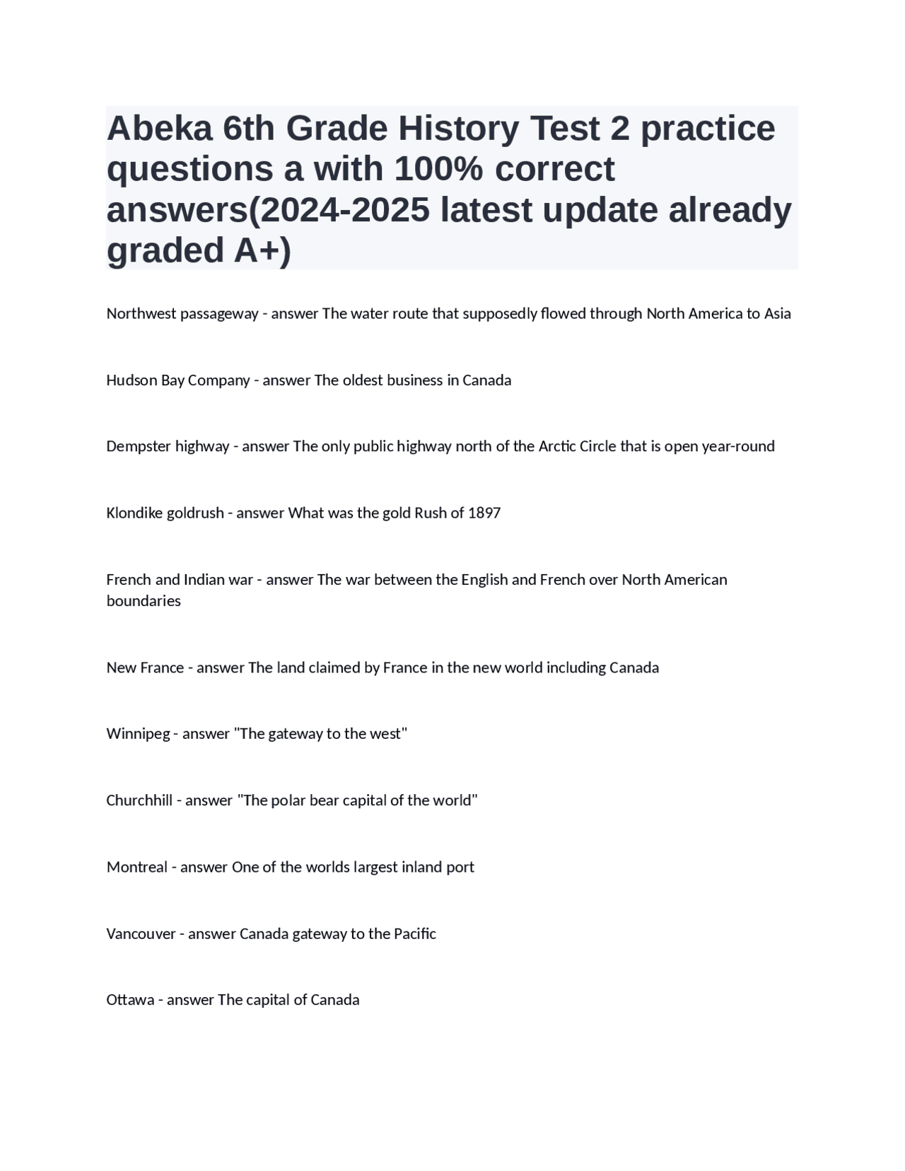 Abeka 6th Grade History Test 2 practice questions a with 100% correct ...
