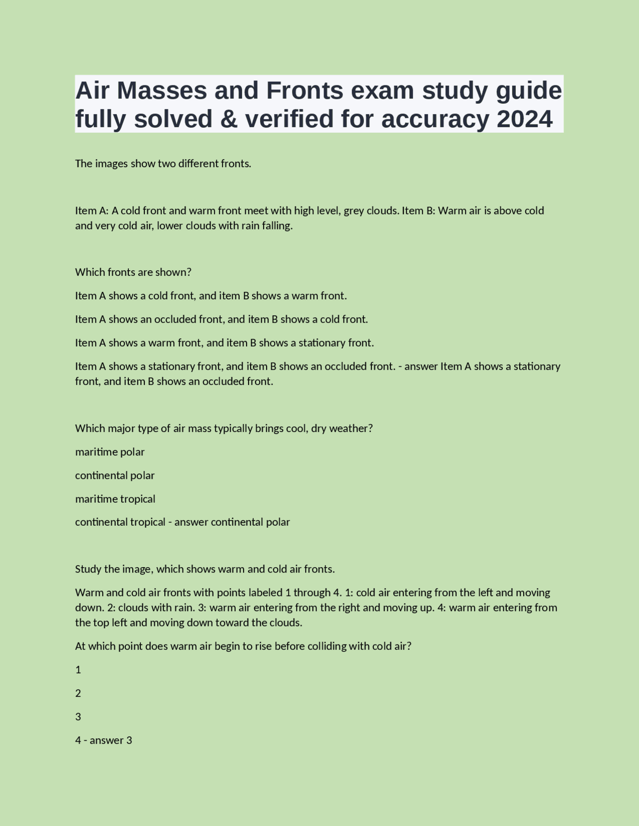 Air Masses and Fronts exam study guide fully solved & verified for ...