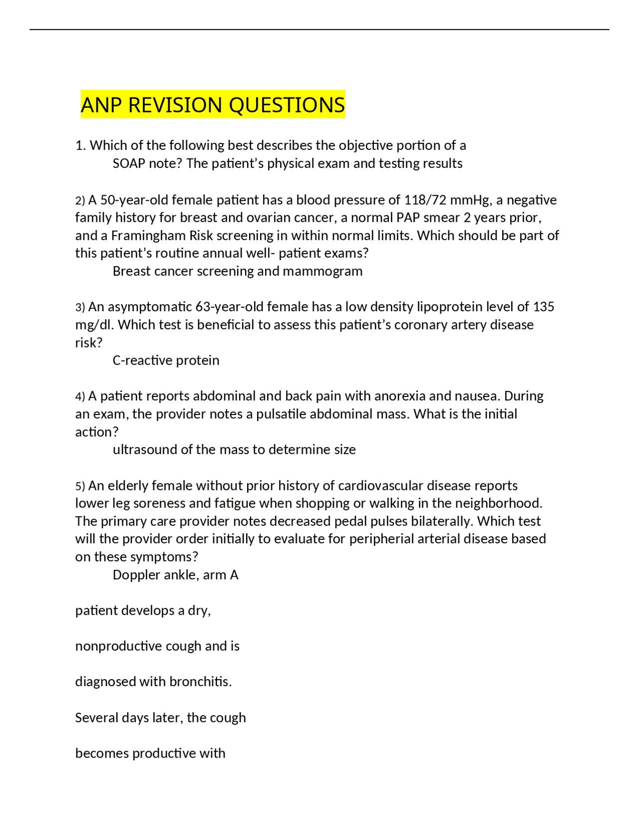 ANP REVISION QUESTIONS | Exams Nursing | Docsity