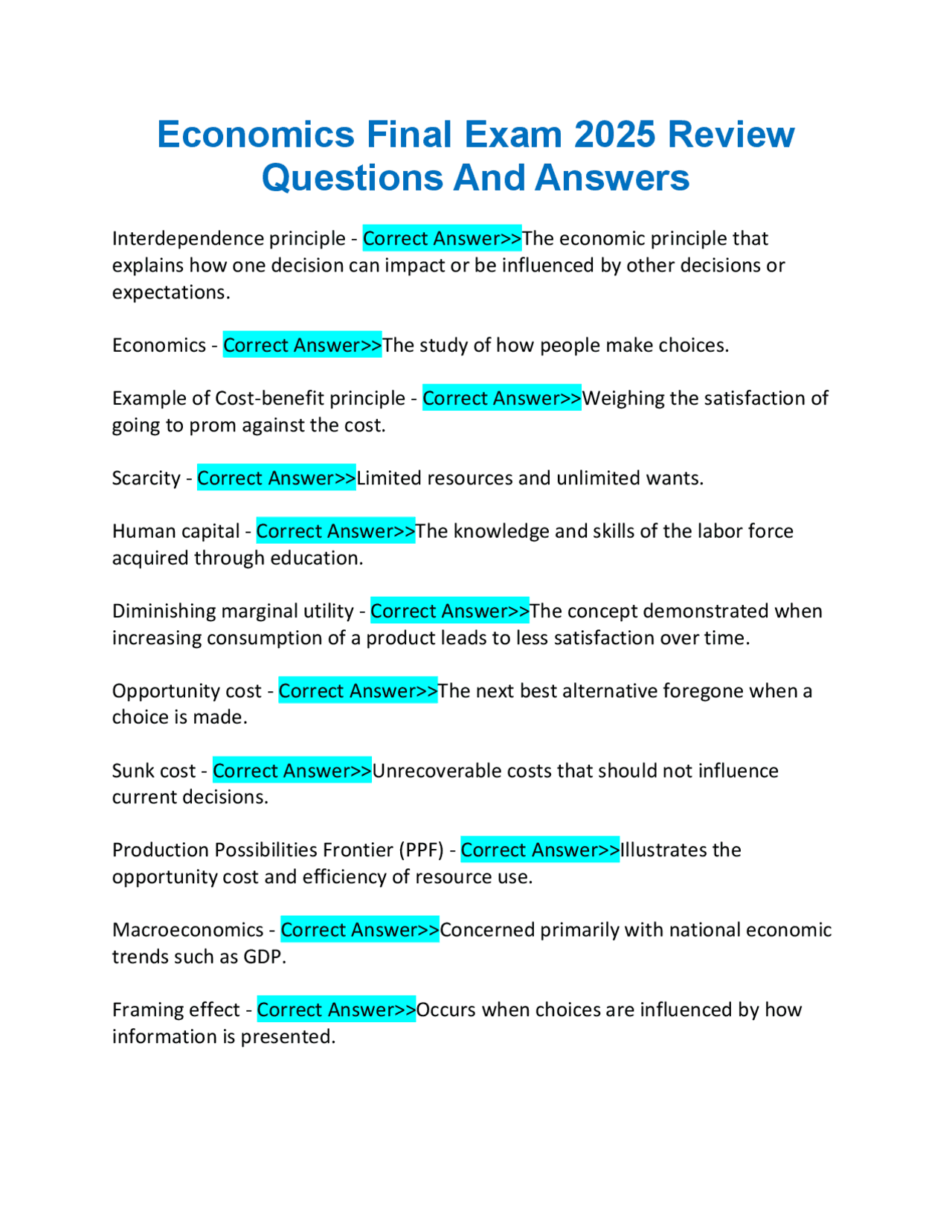 Economics Final Exam 2025 Review Questions And Answers. | Exams Nursing ...