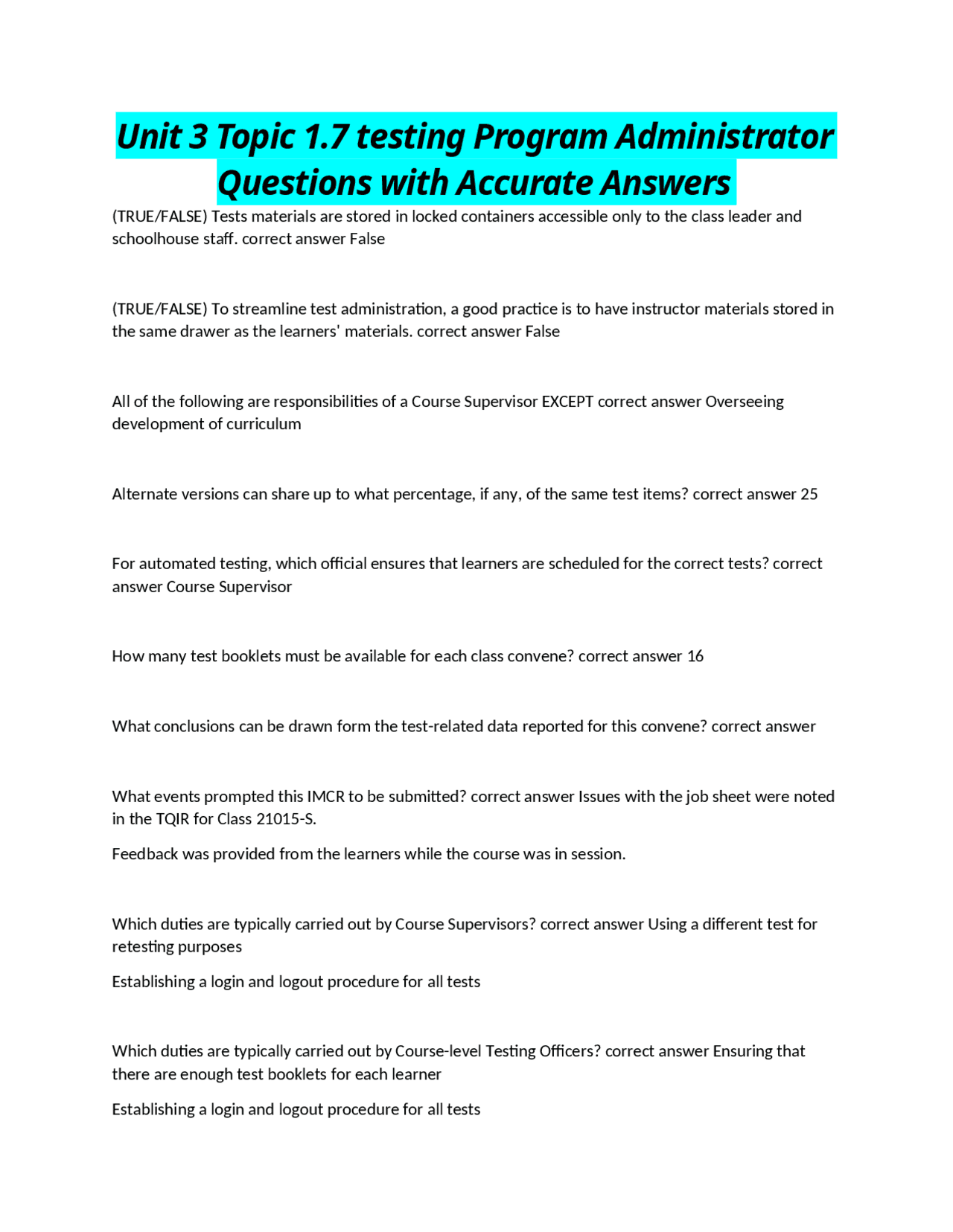 Area Program Manager Written Test Unit 3 Topic 1.7 testing Program Administrator Questions with Accurate ...