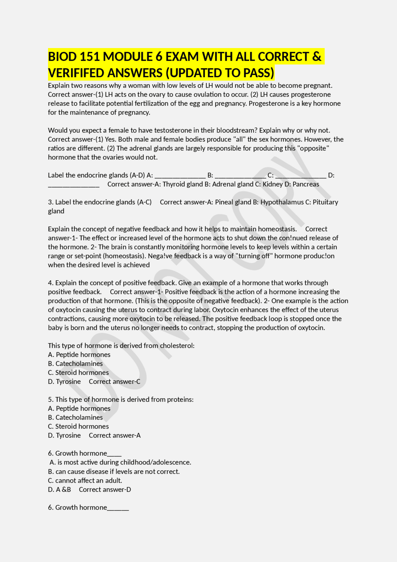 BIOD 151 MODULE 6 EXAM WITH ALL CORRECT & VERIFIFED ANSWERS (UPDATED TO ...