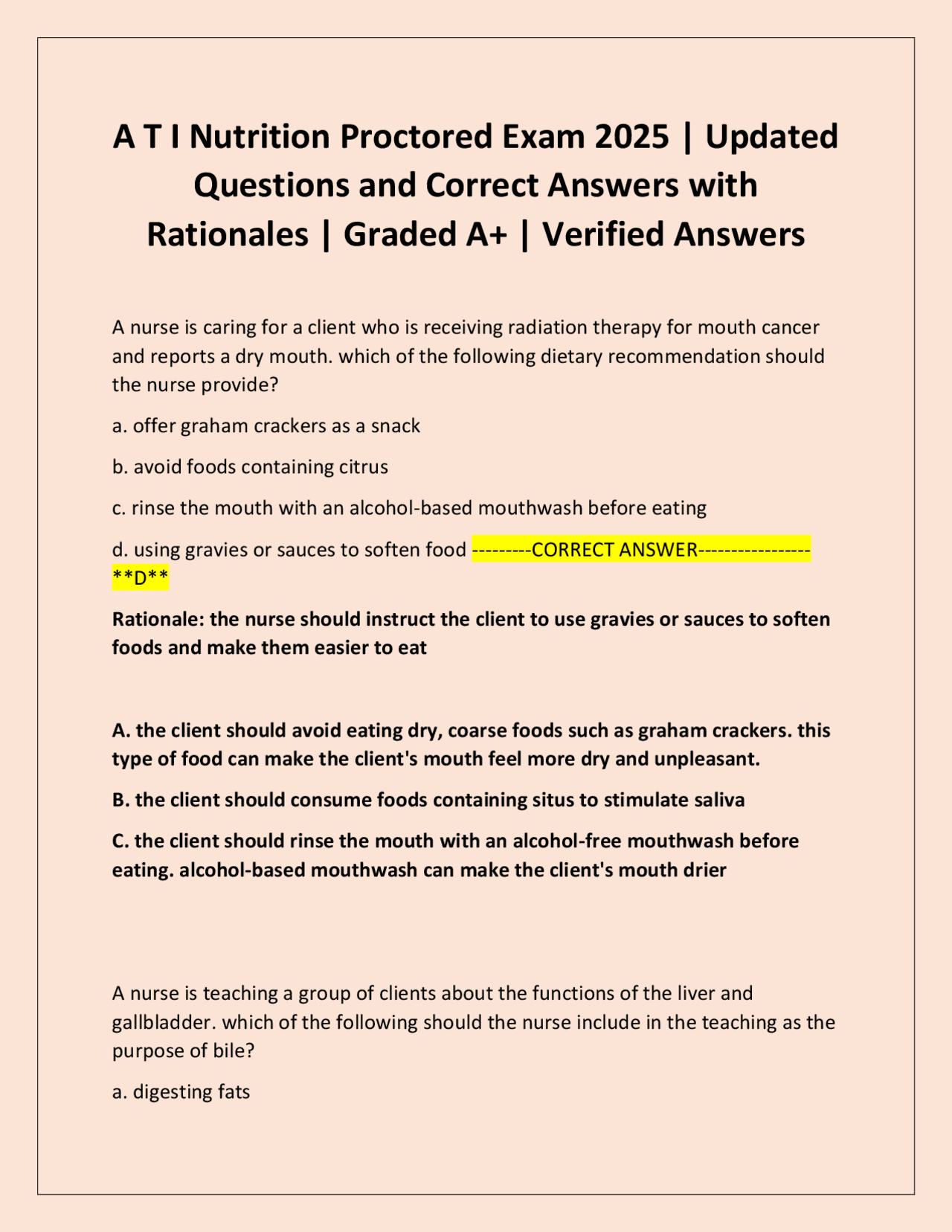 ATI Nutrition Proctored Exam 2025 | Updated Questions and Correct ...