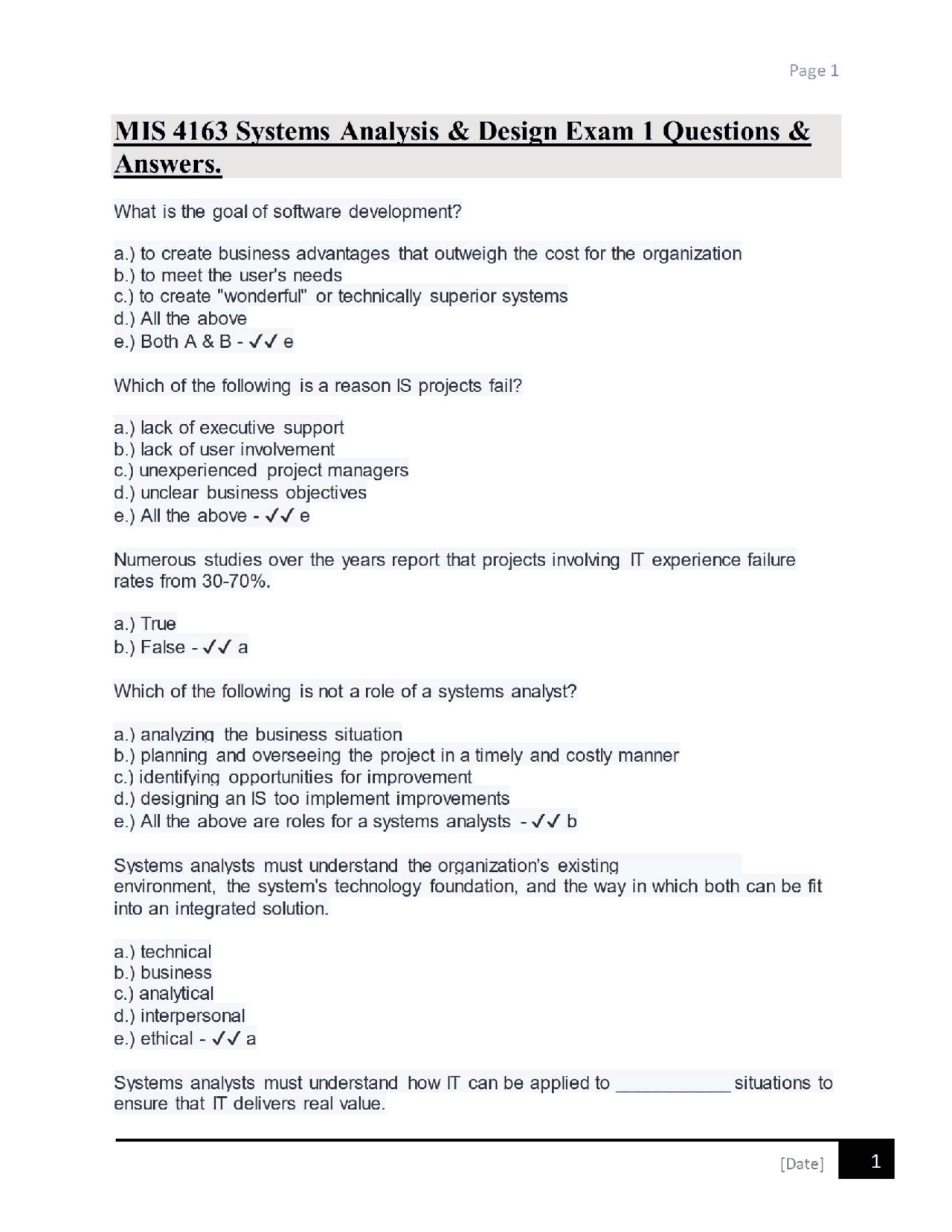 MIS 4163 Systems Analysis & Design Exam 1 Questions & Answers. | Exams ...