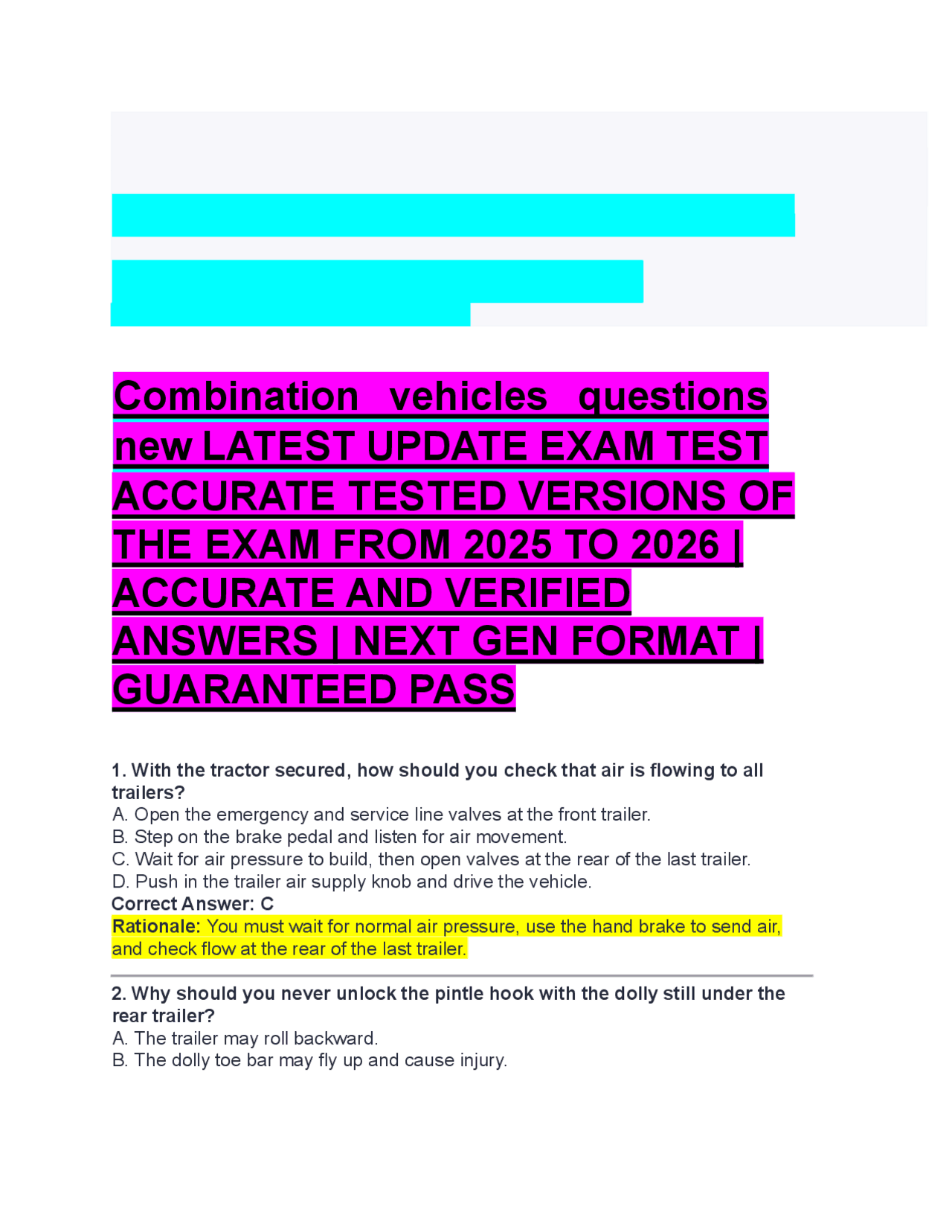 Combination vehicles questions new LATEST UPDATE EXAM TEST ACCURATE ...