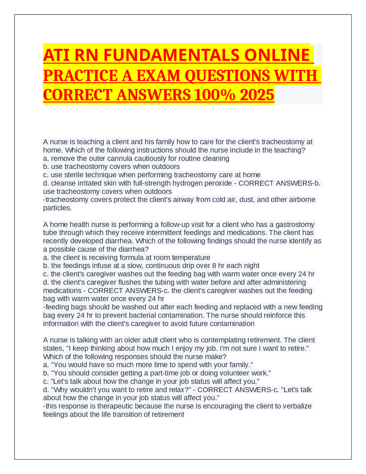 ATI RN FUNDAMENTALS ONLINE PRACTICE A EXAM QUESTIONS WITH CORRECT ...