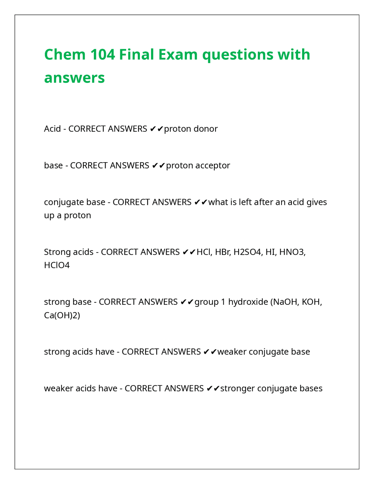 Chem 104 Final Exam questions with answers | Exams Chemistry | Docsity