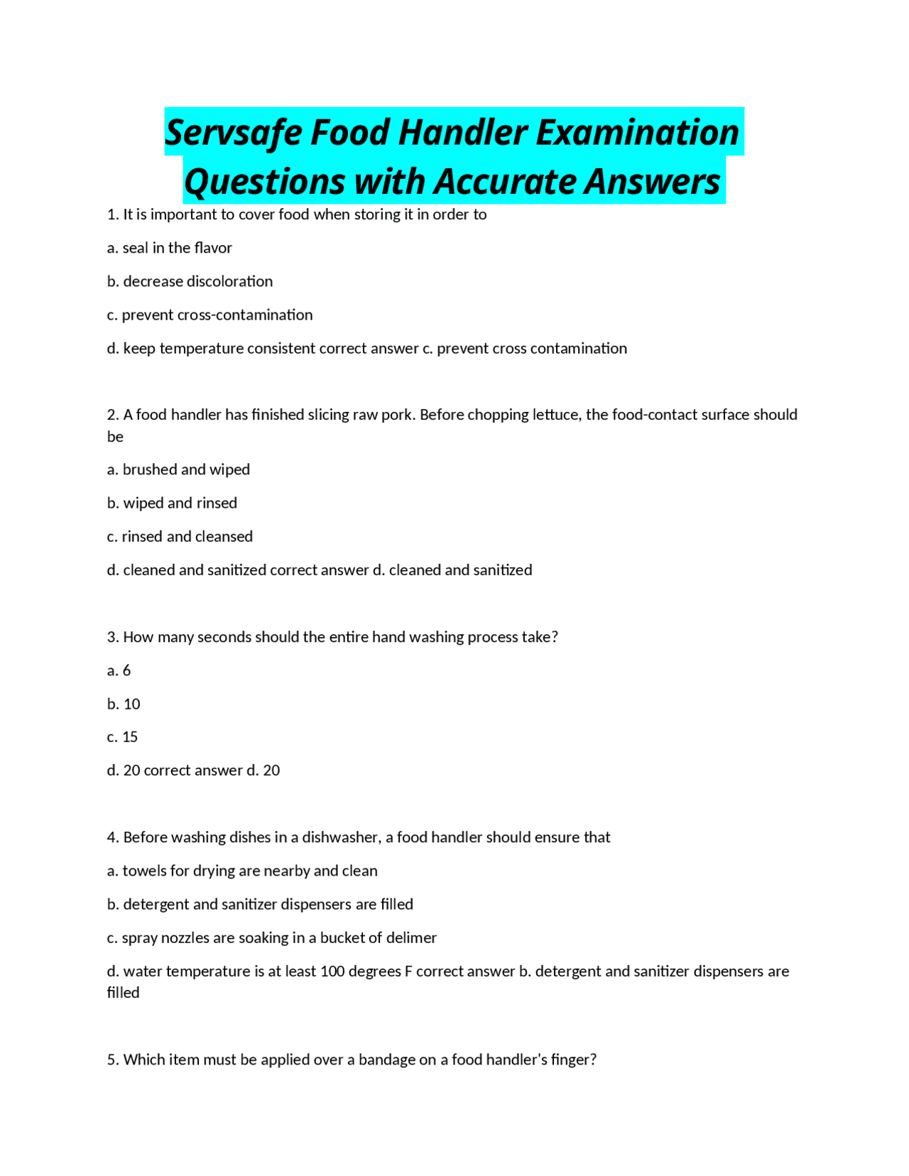 Servsafe Food Handler Examination Questions With Accurate Answers