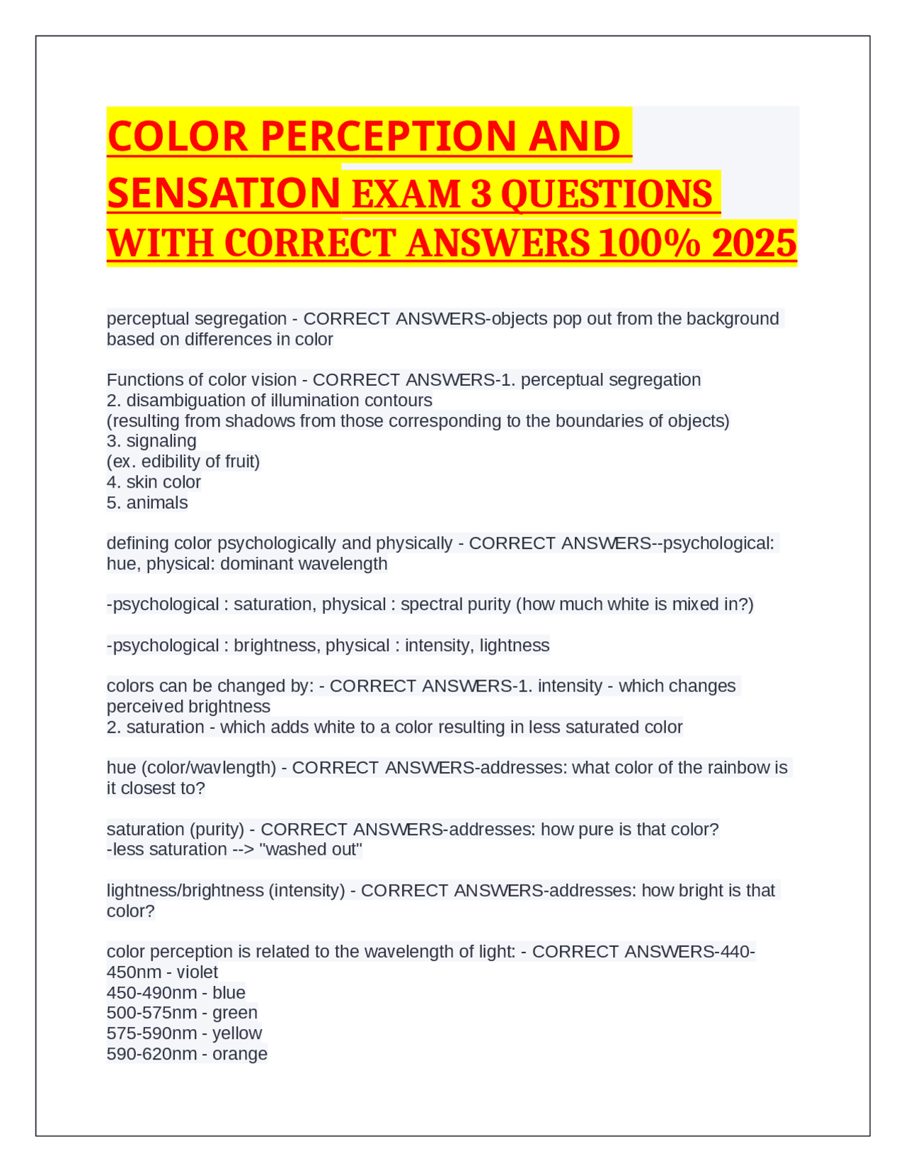 COLOR PERCEPTION AND SENSATION EXAM 3 QUESTIONS WITH CORRECT ANSWERS ...