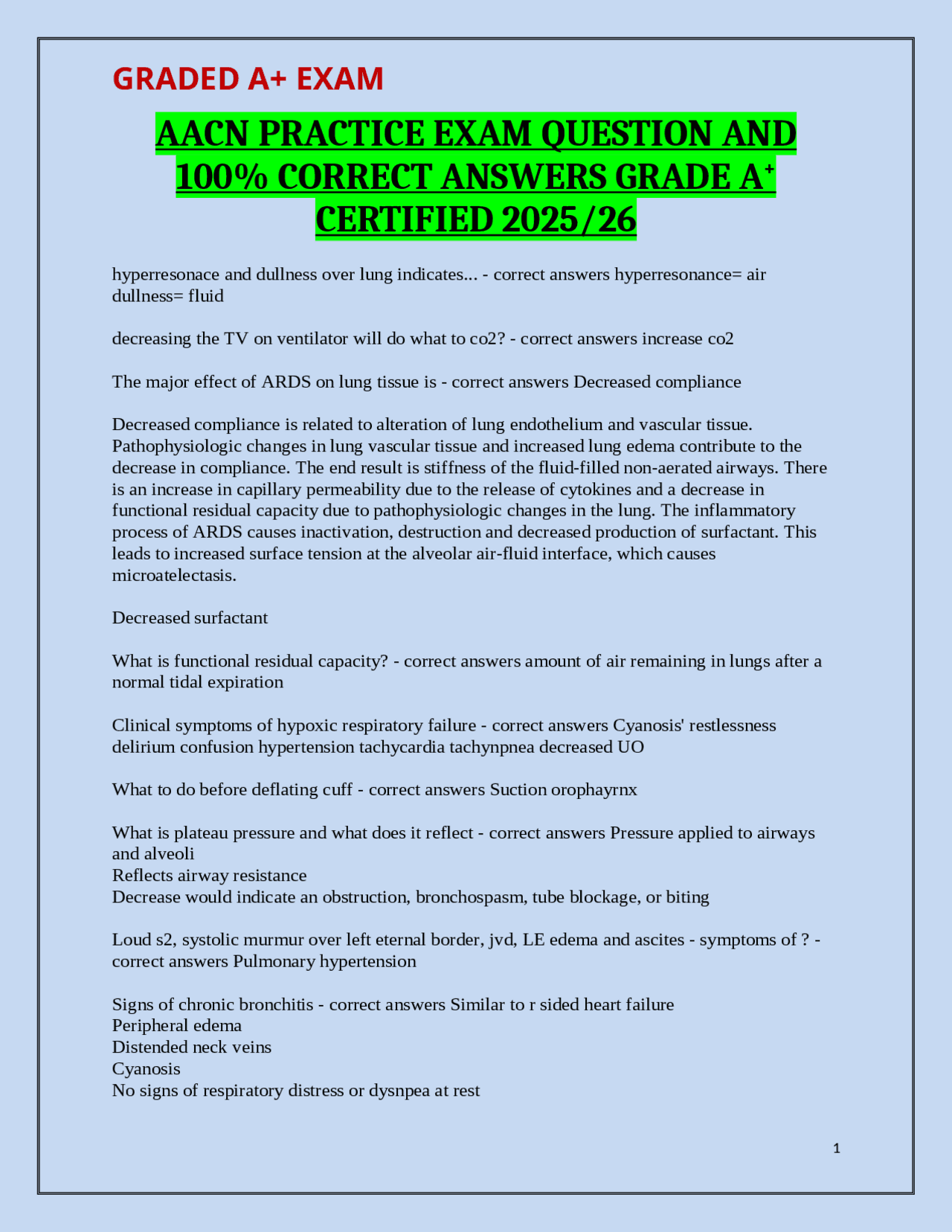 AACN PRACTICE EXAM QUESTION AND 100% CORRECT ANSWERS GRADE A+ CERTIFIED ...