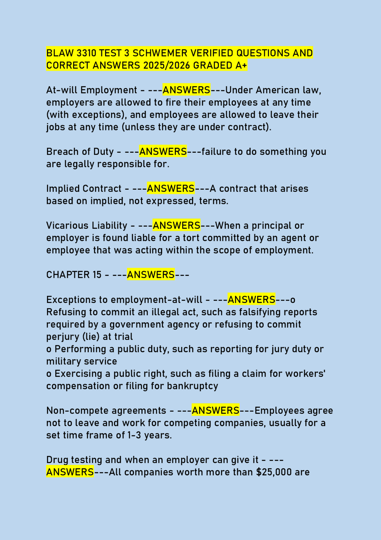 BLAW 3310 Test 3: Verified Questions and Answers on Employment and ...