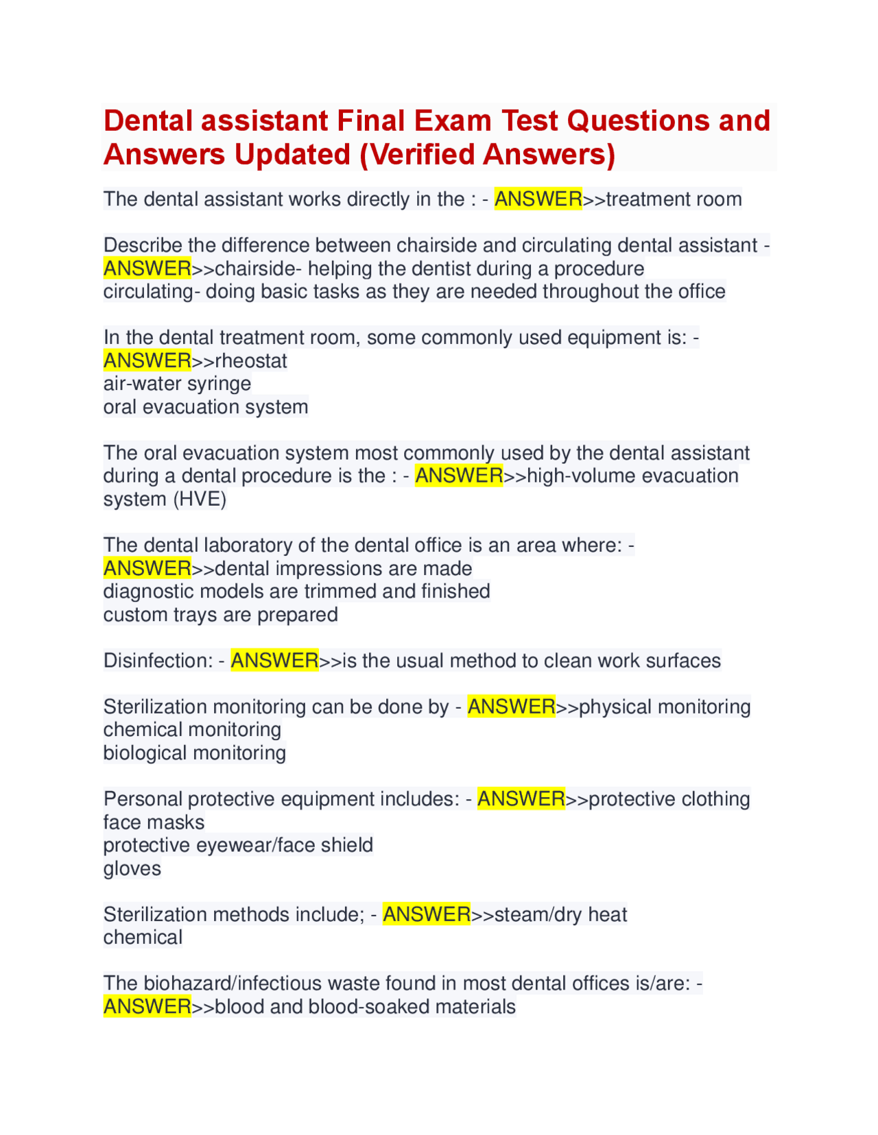 Dental assistant Final Exam Test Questions and Answers Updated 2024 ...