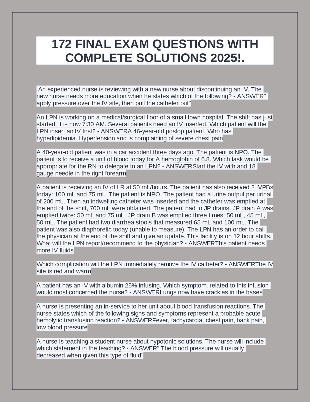 172 FINAL EXAM QUESTIONS WITH COMPLETE SOLUTIONS 2025!. | Exams Nursing ...