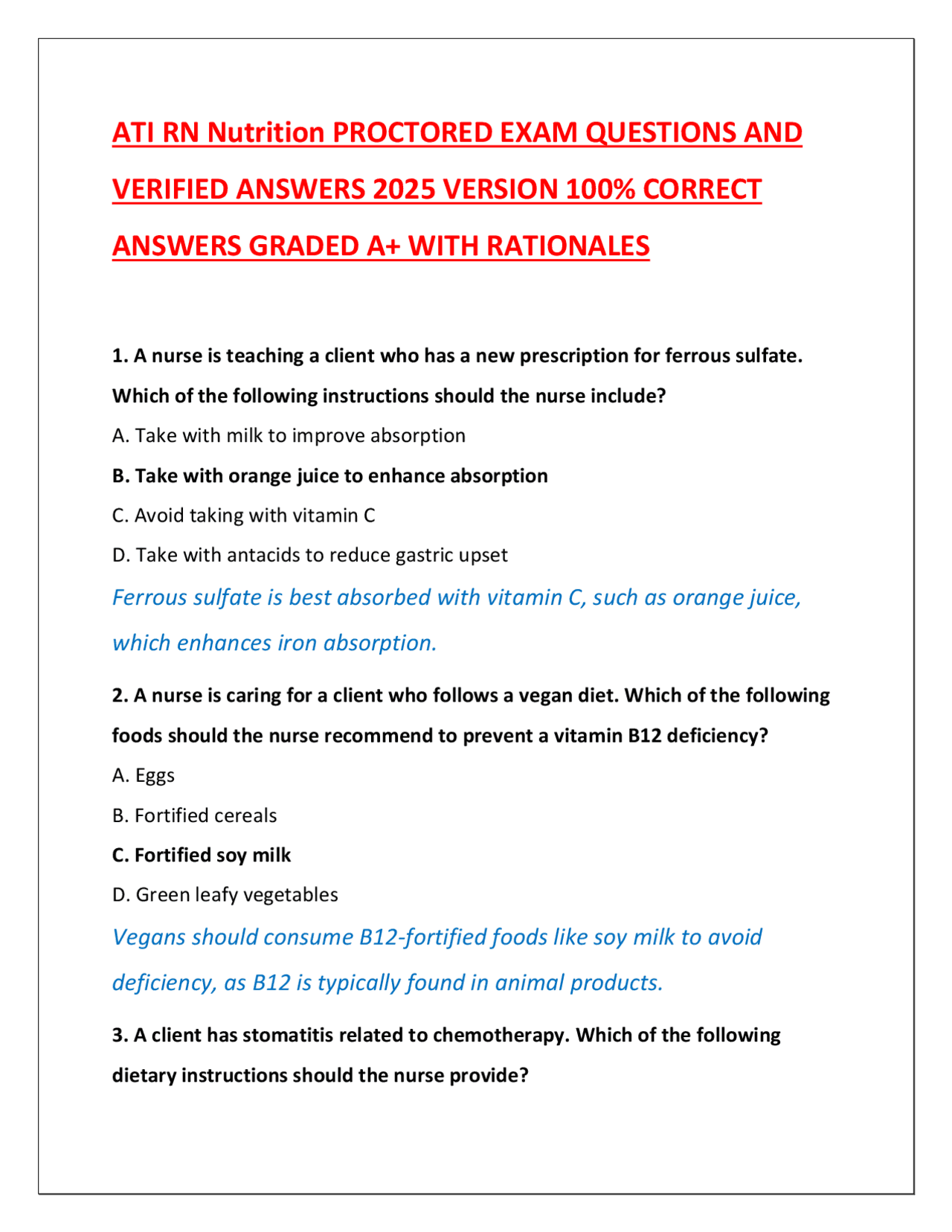ATI RN Nutrition PROCTORED EXAM QUESTIONS AND VERIFIED ANSWERS 2025 ...