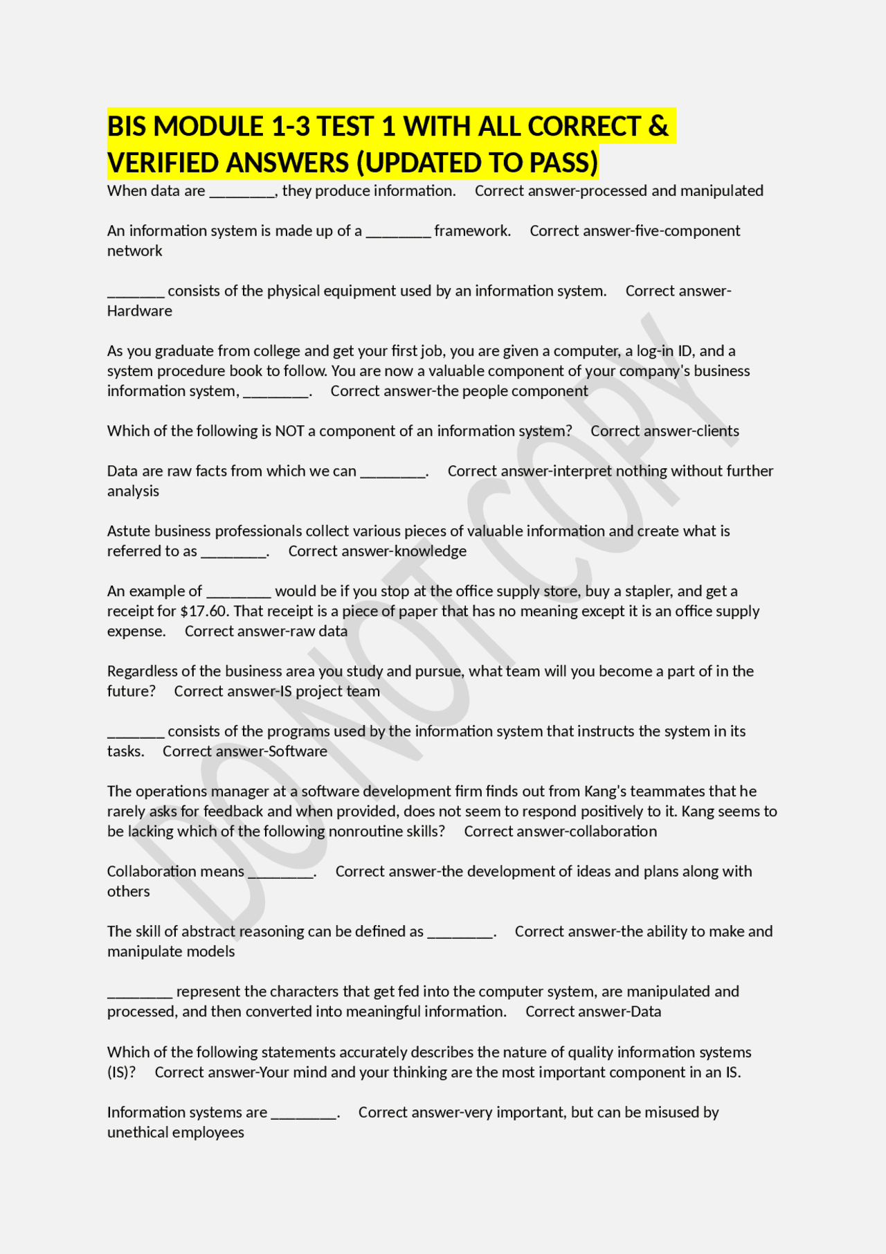 BIS MODULE 1-3 TEST 1 WITH ALL CORRECT & VERIFIED ANSWERS (UPDATED TO ...