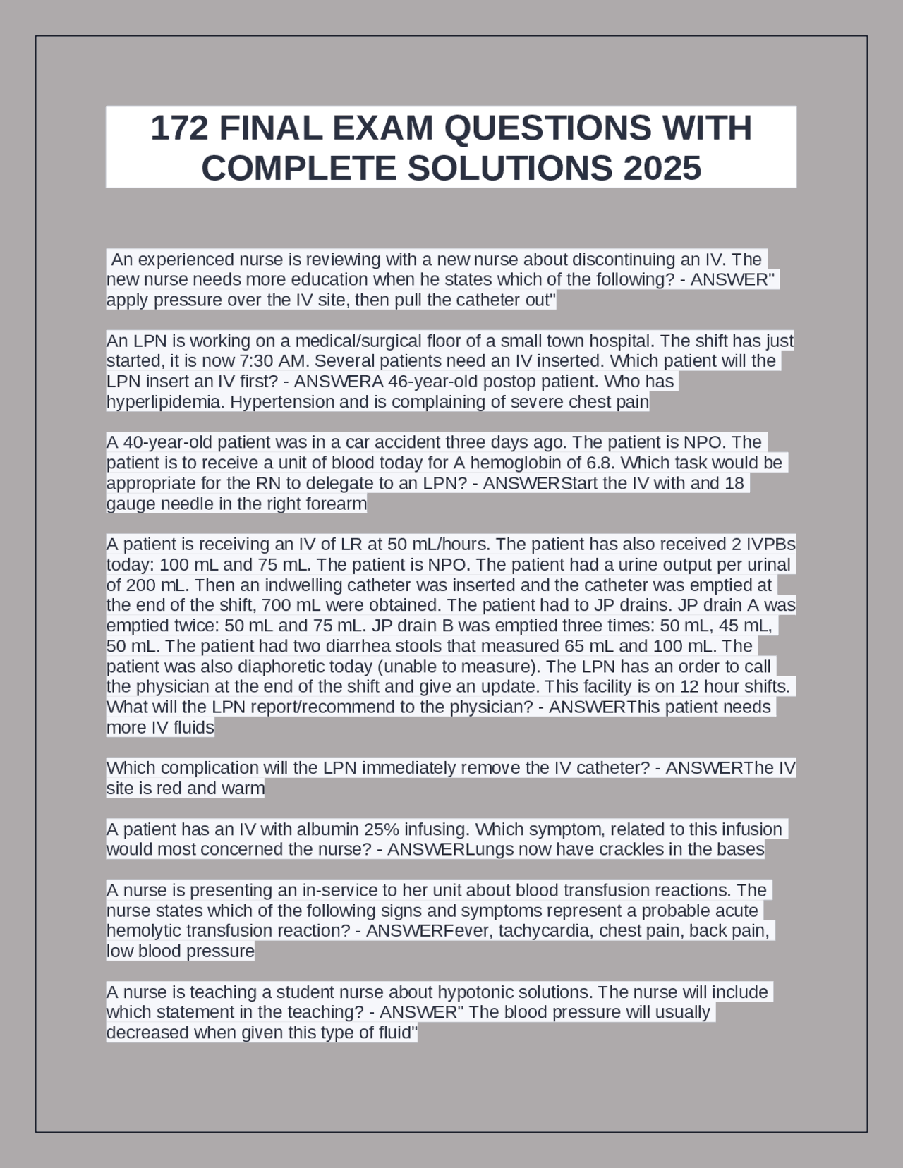 172 FINAL EXAM QUESTIONS WITH COMPLETE SOLUTIONS 2025 | Exams Nursing ...