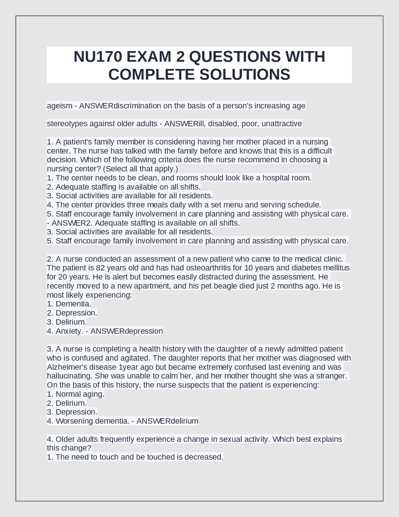 NU170 EXAM 2 QUESTIONS WITH COMPLETE SOLUTIONS | Exams Nursing | Docsity
