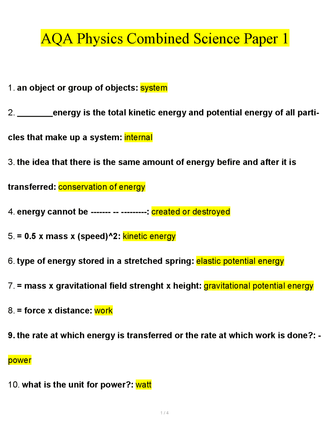 AQA Physics Combined Science Paper 1 | Exams Physics | Docsity