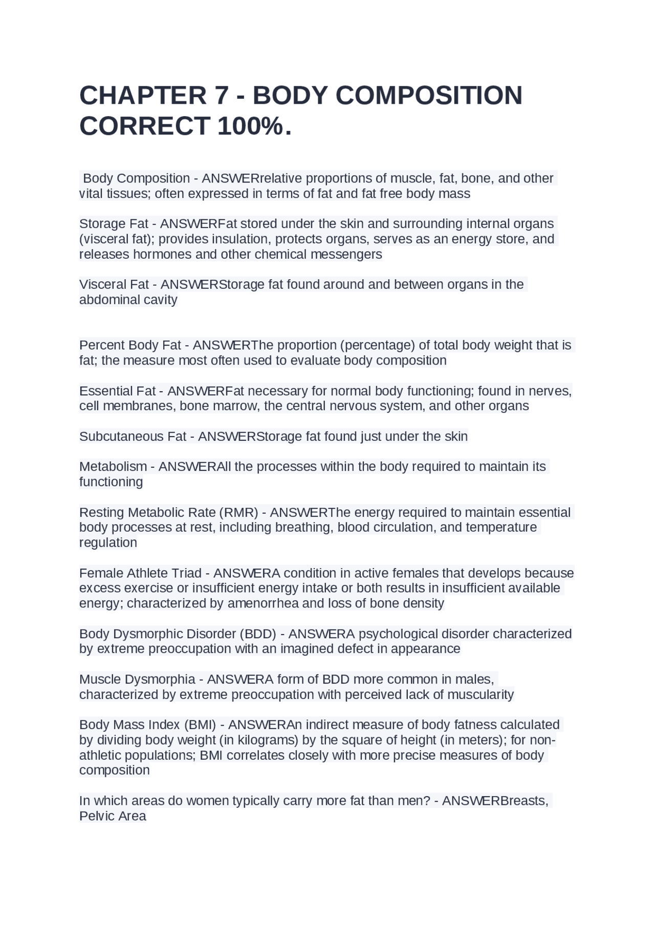 CHAPTER 7 - BODY COMPOSITION CORRECT 100%. | Exams Biology | Docsity