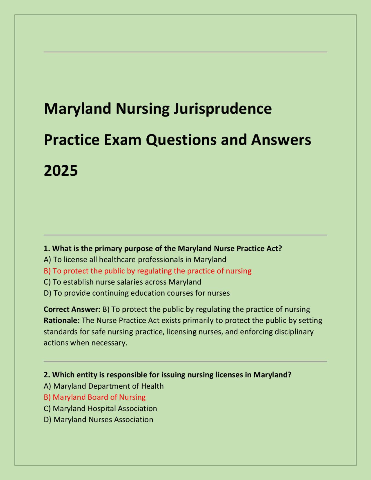Maryland Nursing Jurisprudence Practice Exam Questions and Answers 2025 ...