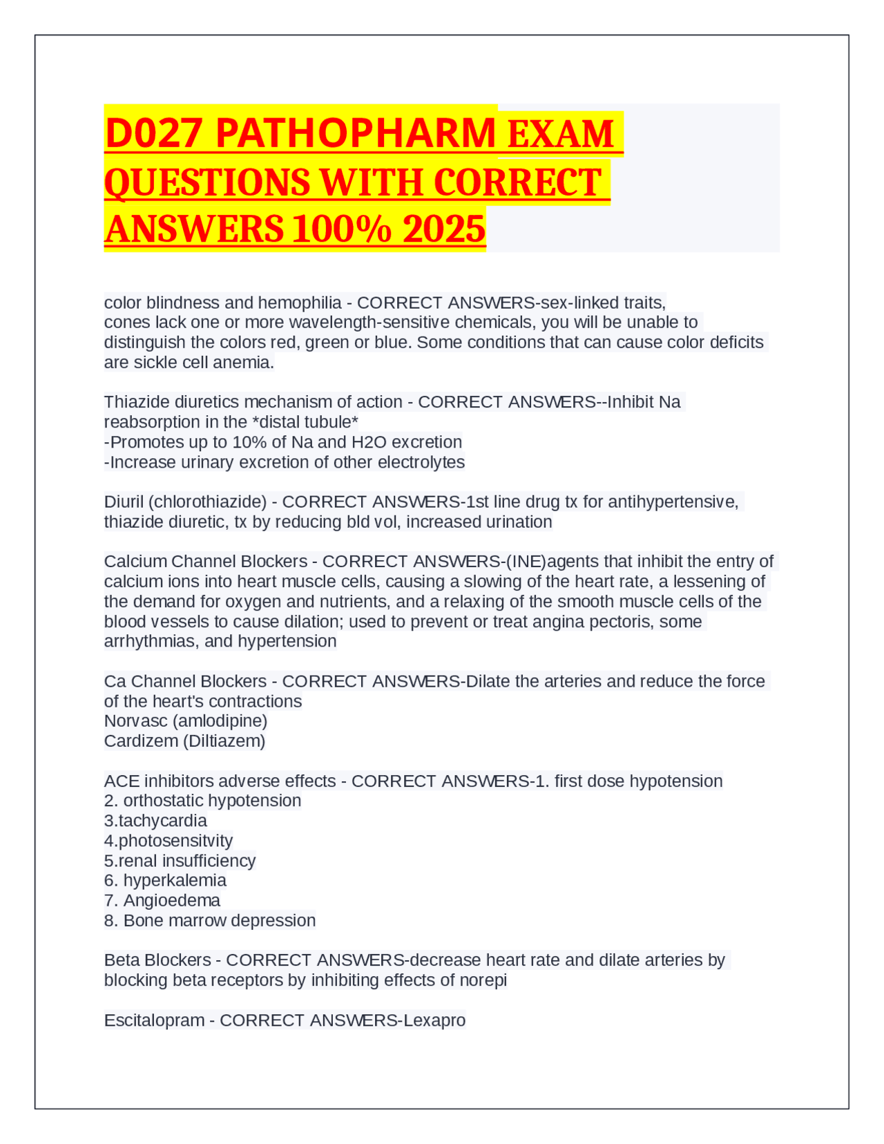 D027 PATHOPHARM EXAM QUESTIONS WITH CORRECT ANSWERS 100% 2025 | Exams ...