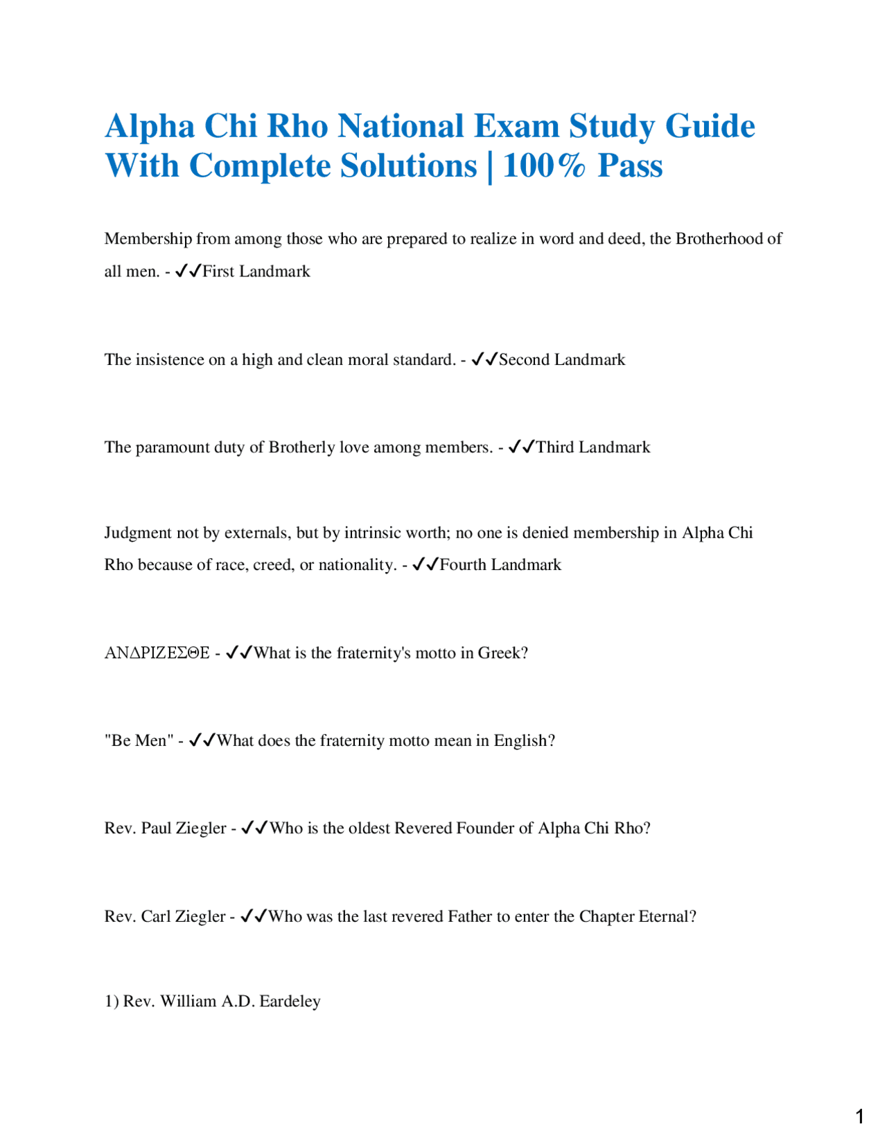 Alpha Chi Rho Fraternity Exam Study Guide | Exams Law | Docsity