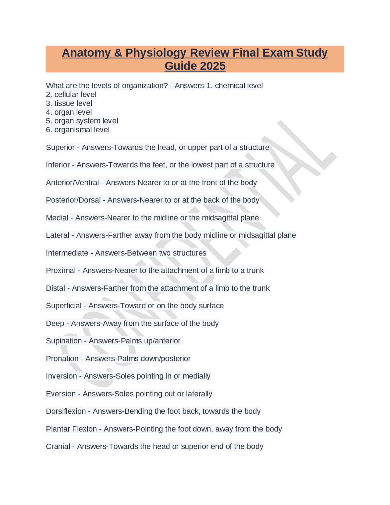 Anatomy & Physiology Final Exam Study Guide 2025 | Exams Nursing | Docsity
