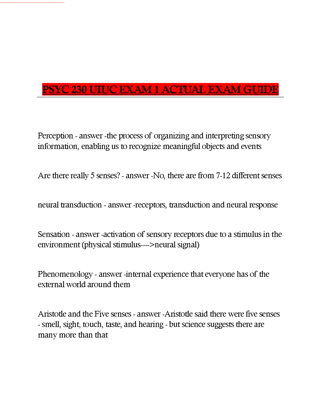 Sensation and Perception: Exam Study Guide | Exams Nursing | Docsity
