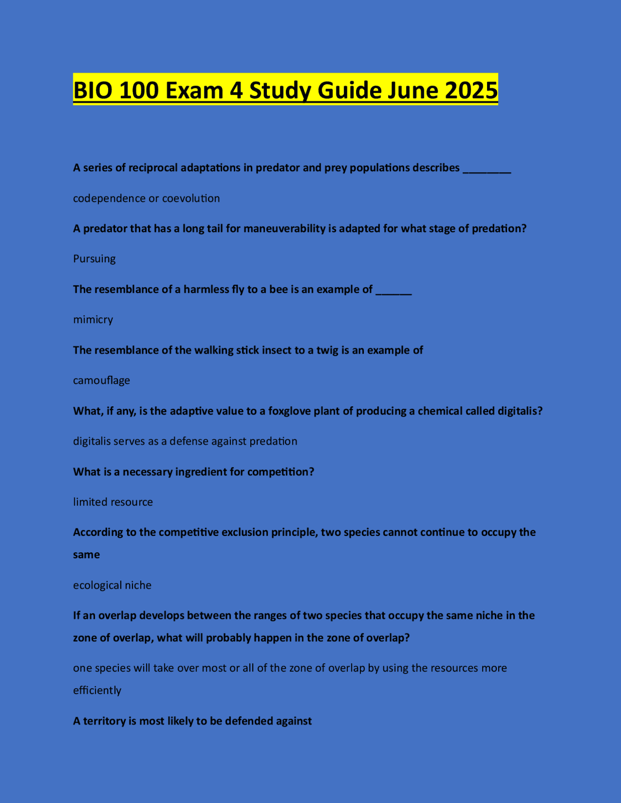 BIO 100 Exam 4 Study Guide June 2025 | Exams Biology | Docsity