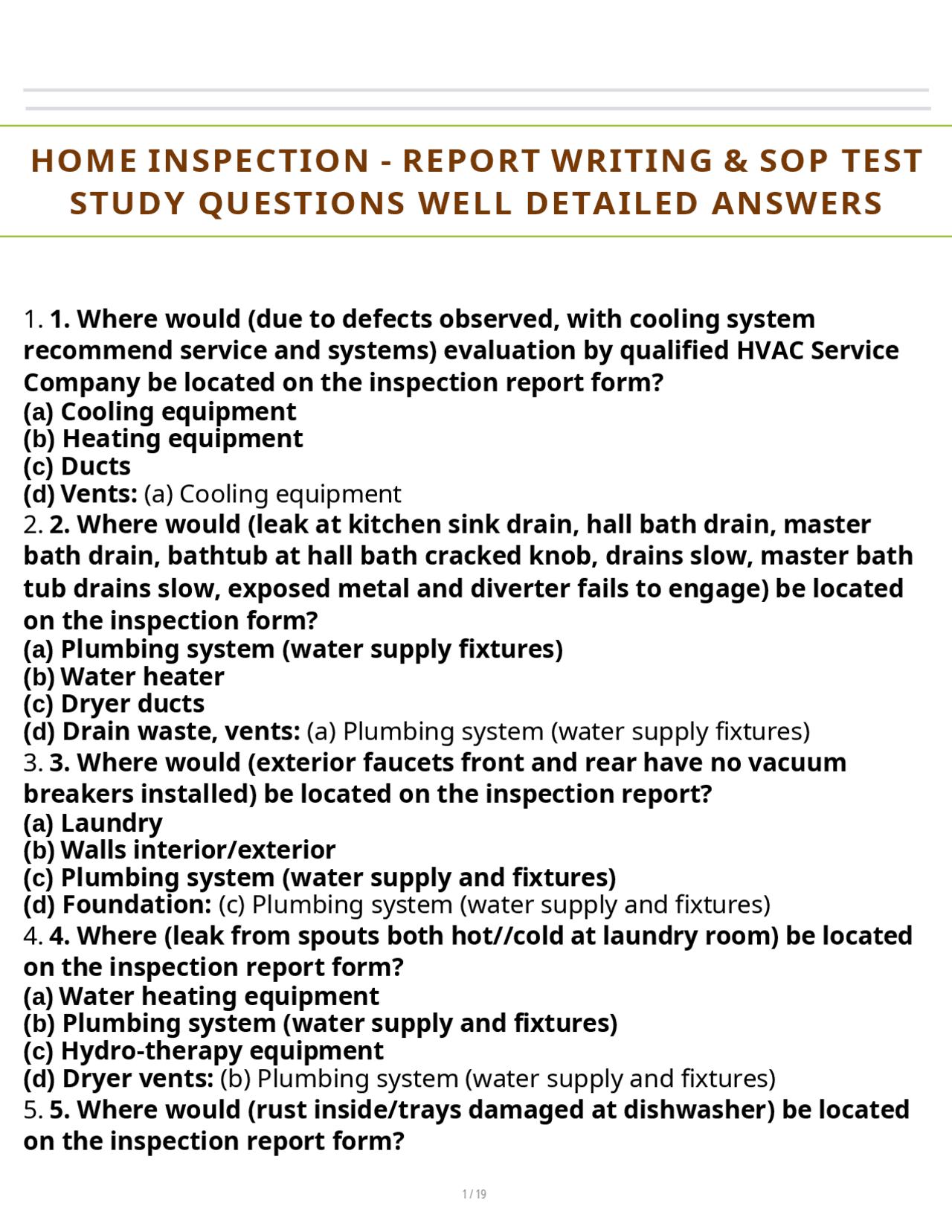 HOME INSPECTION - REPORT WRITING & SOP TEST STUDY QUESTIONS WELL ...