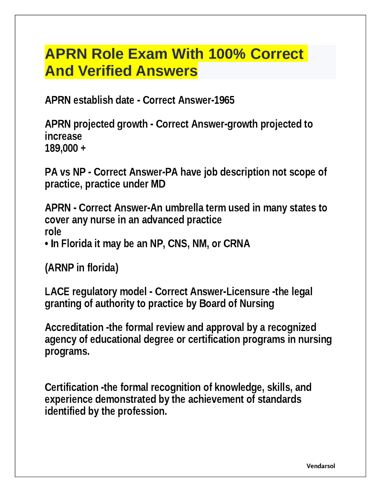 APRN Role Exam With 100% Correct And Verified Answers | Exams Advanced ...