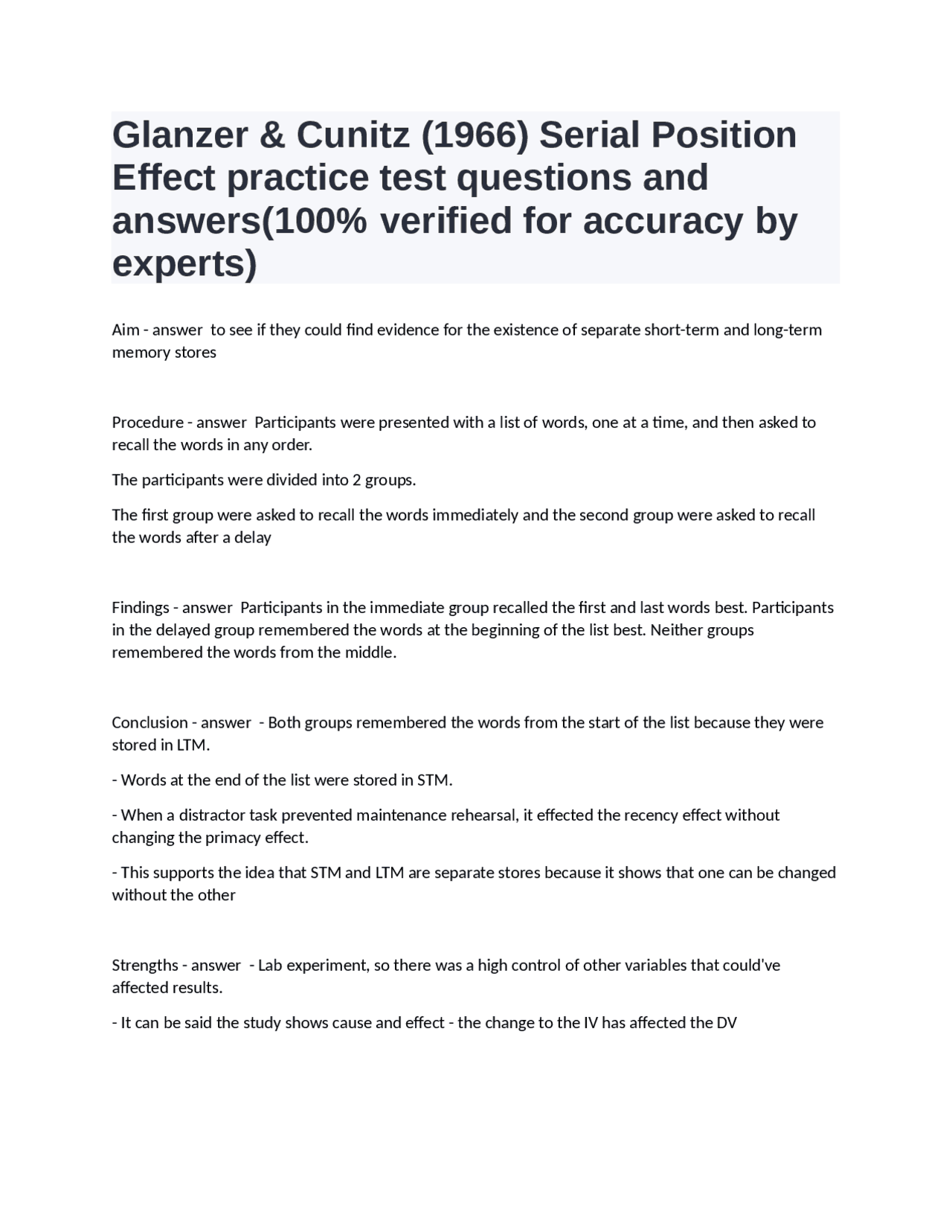Serial Position Effect: Glanzer & Cunitz Study Guide | Exams Biology ...