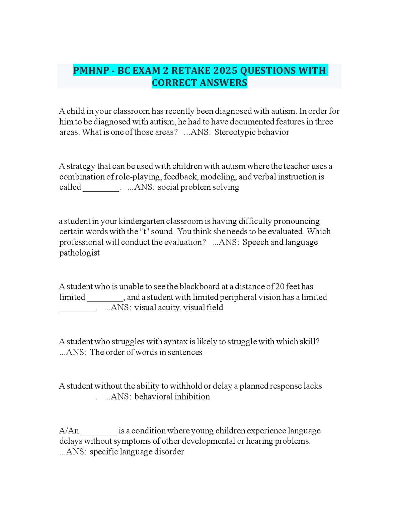 PMHNP - BC EXAM 2 RETAKE 2025 QUESTIONS WITH CORRECT ANSWERS | Exams ...