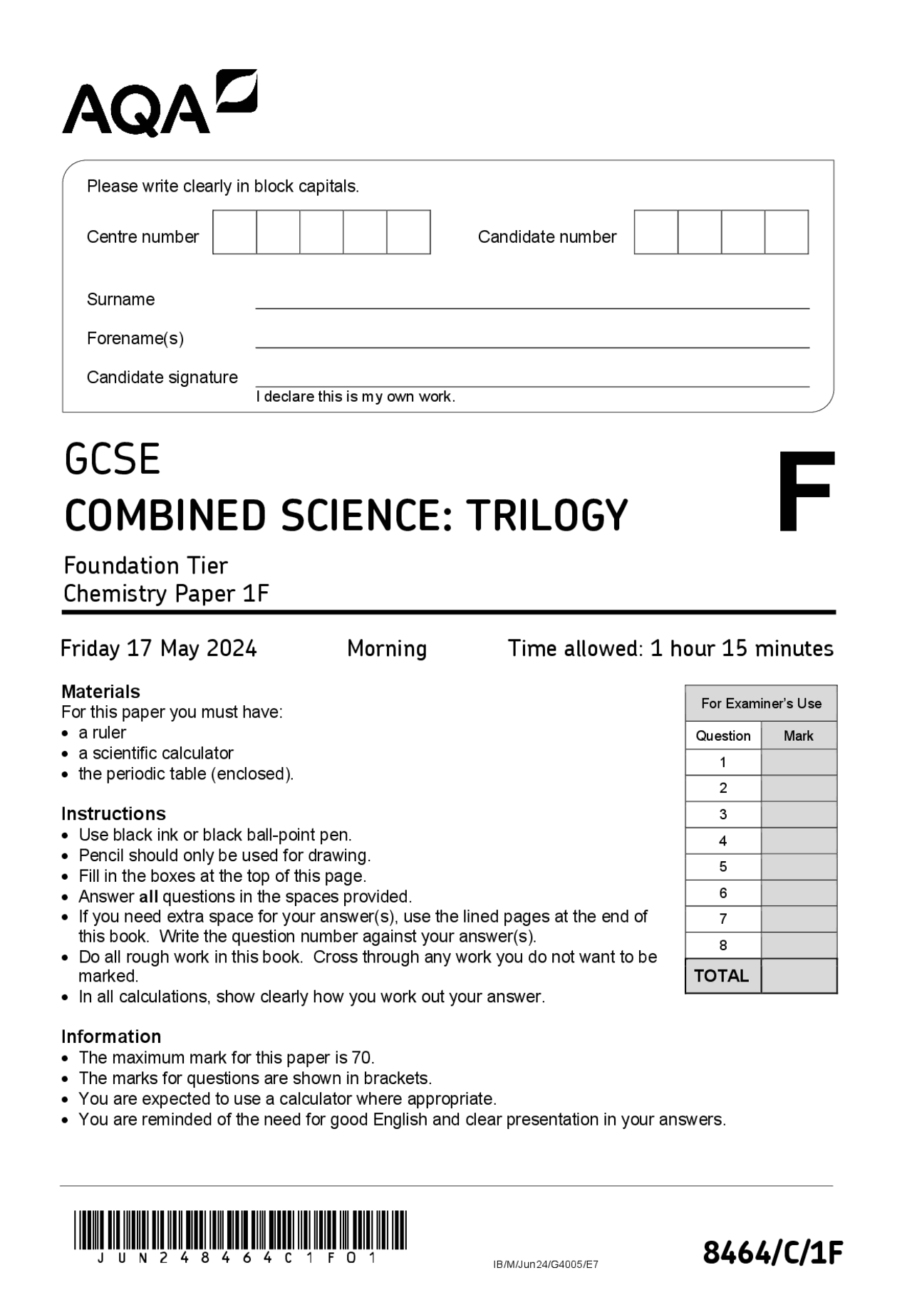2024 AQA GCSE COMBINED SCIENCE: TRILOGY Foundation Tier Chemistry Paper ...