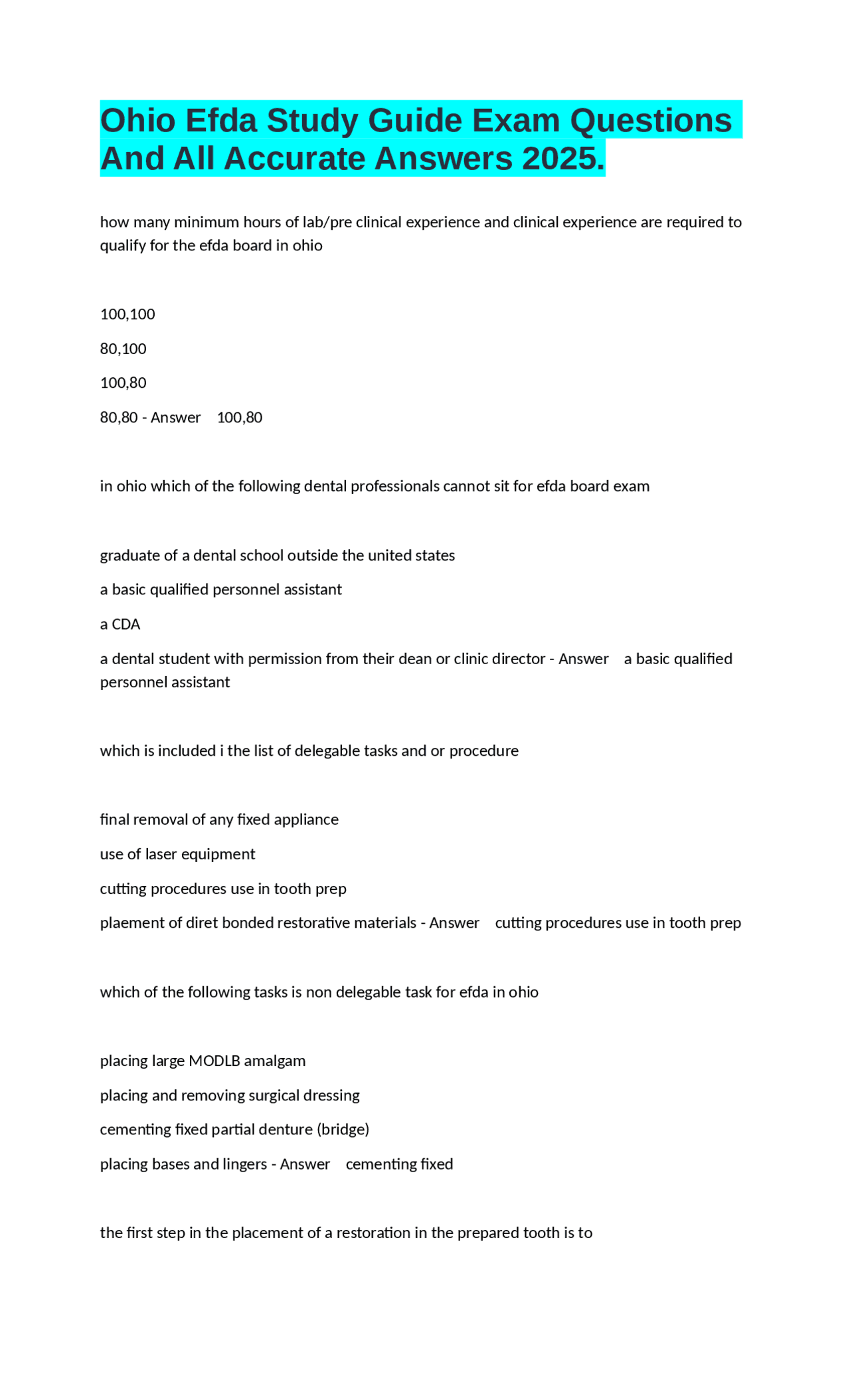 Ohio EFDA Exam Prep: Questions and Answers 2025 | Exams Dentistry | Docsity