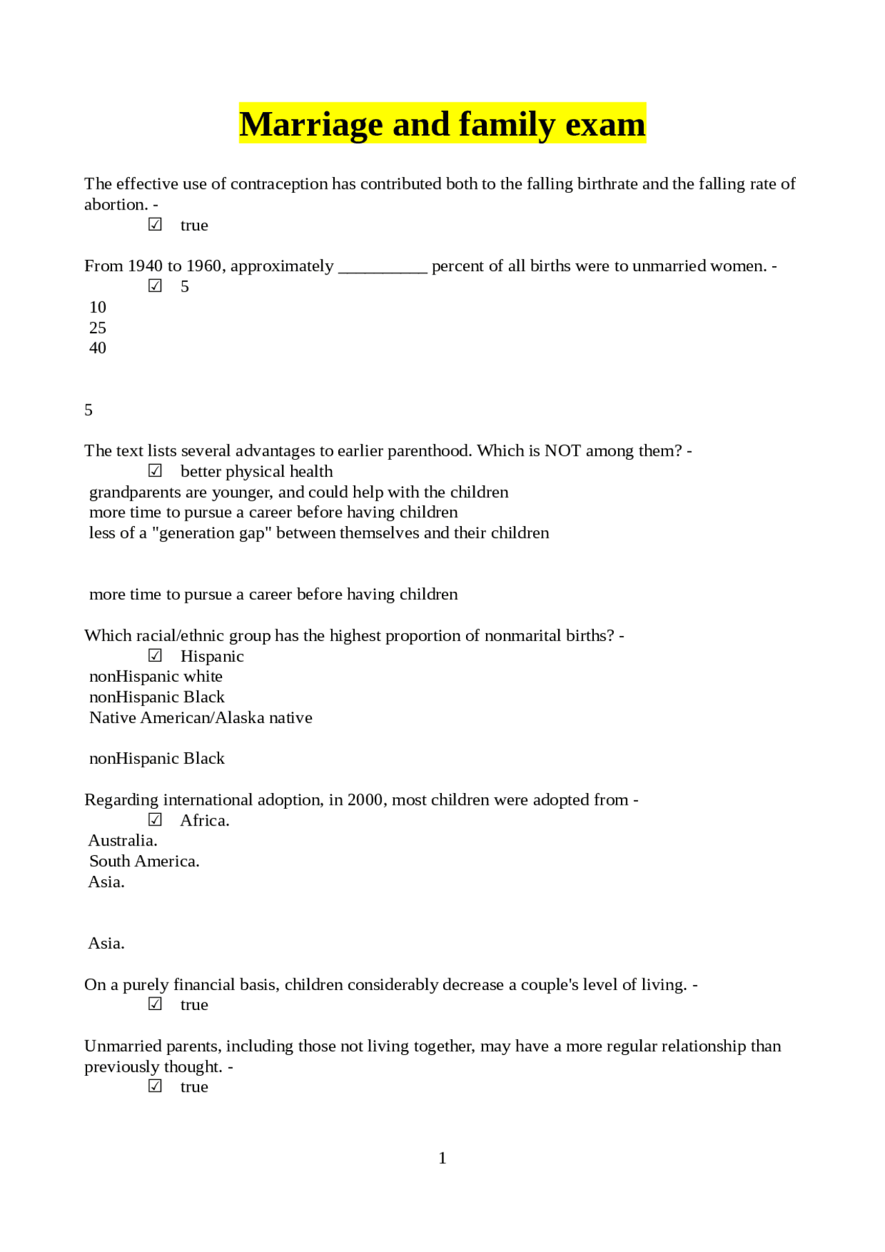 Marriage and Family Exam Questions | Exams Marriage and Family ...