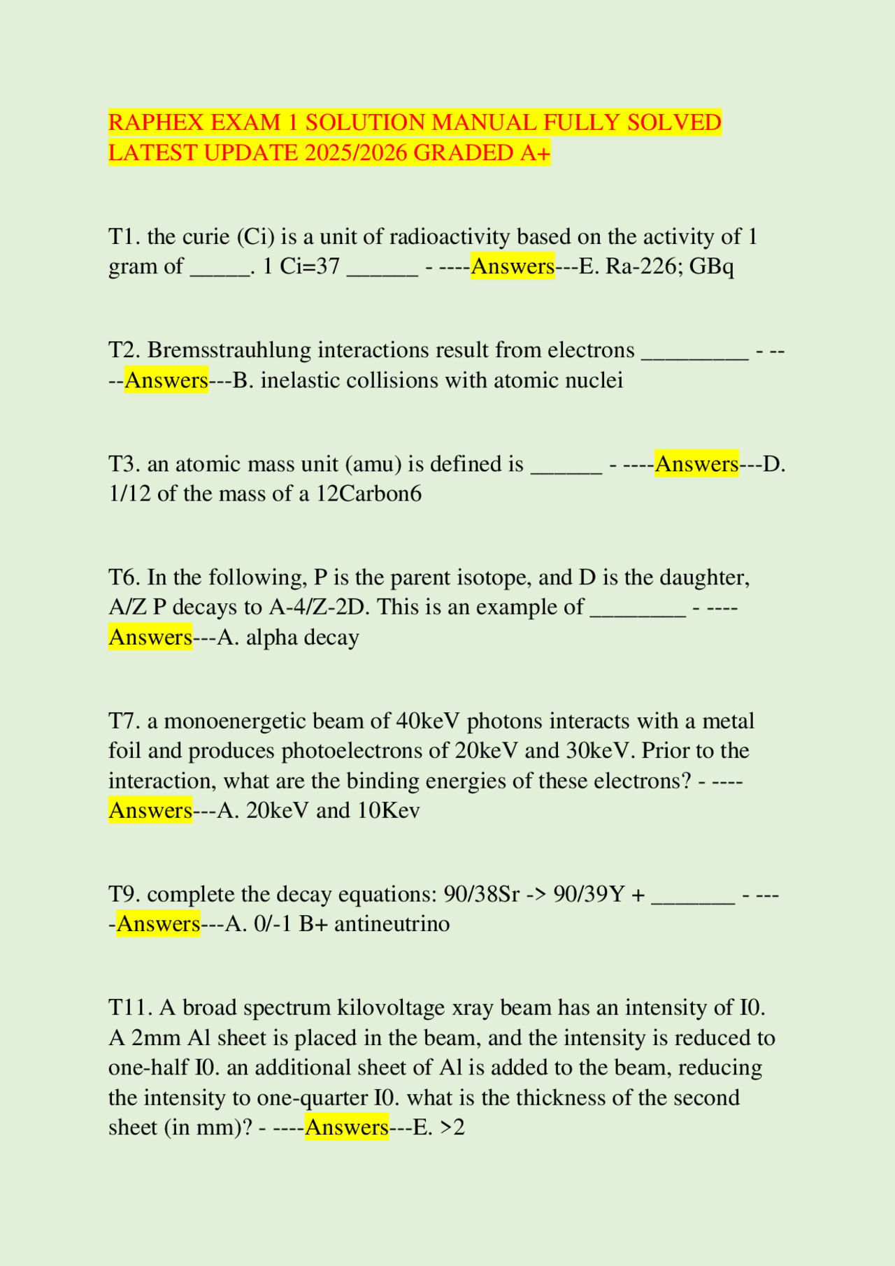 RAPHEX EXAM 1 SOLUTION MANUAL FULLY SOLVED LATEST UPDATE 2025/2026 ...