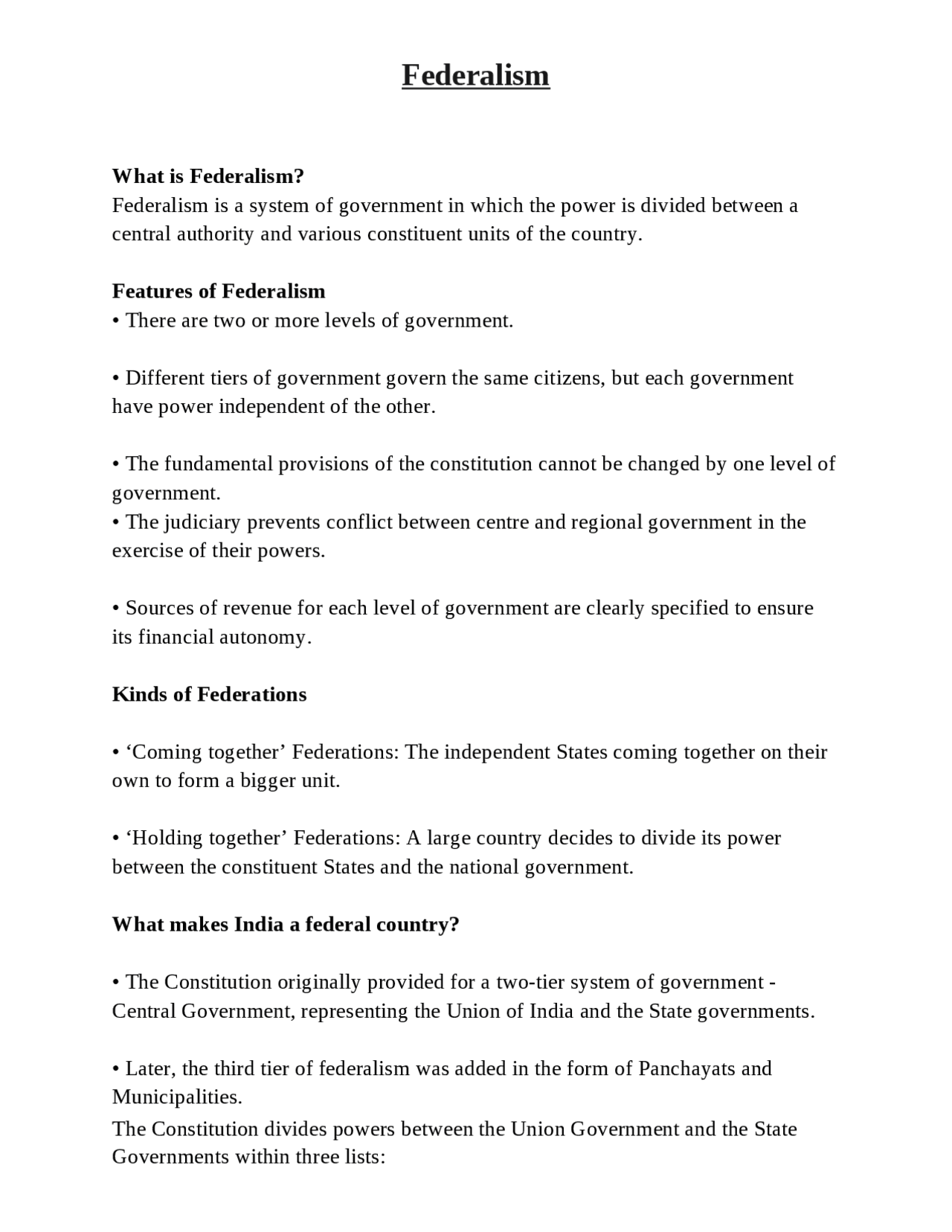 Class 10 political science. Ch-2 Federalism | Study notes Political ...
